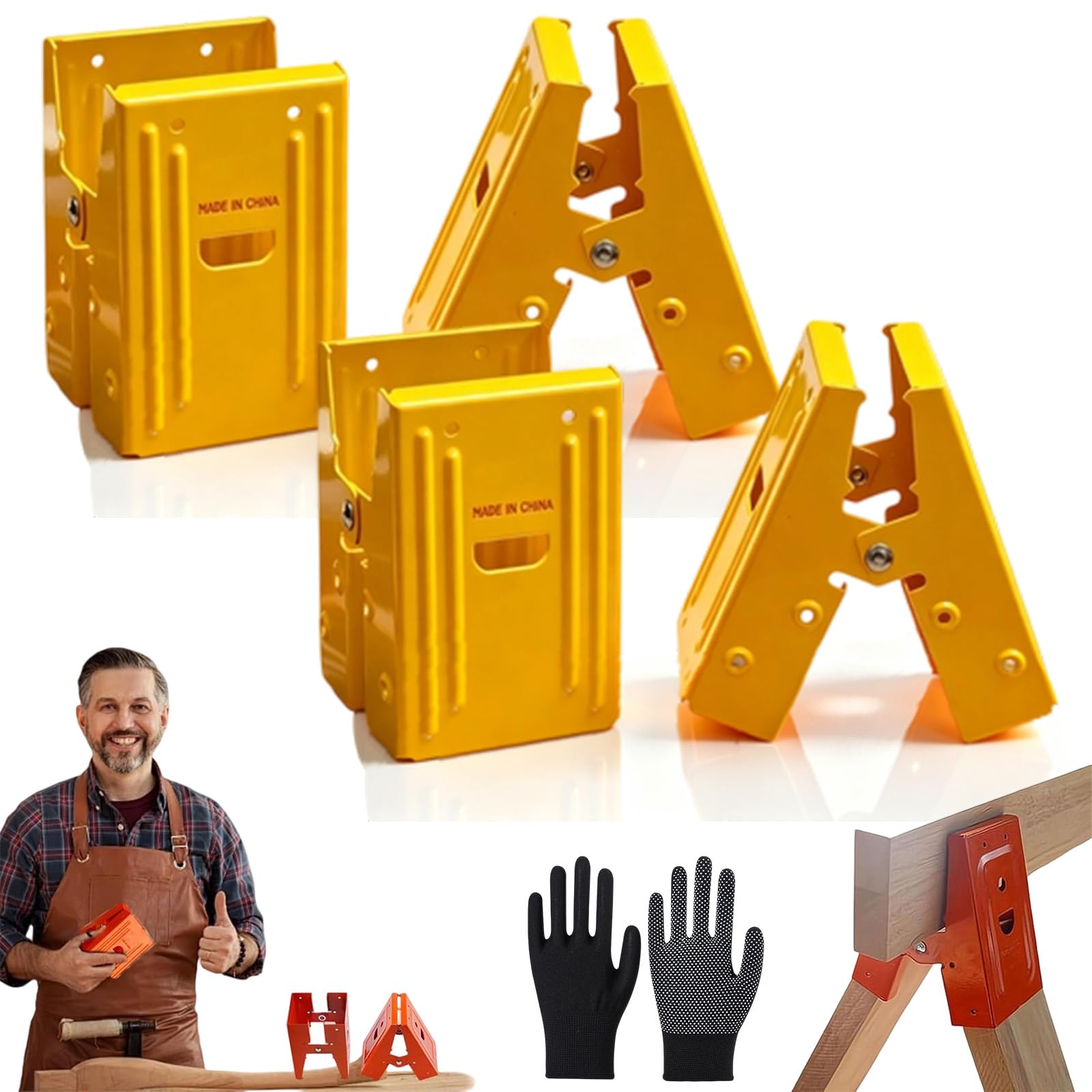 Heavy-Duty Sawhorse Bracket with Down Clamp, Cold Rolled Steel Saw Horse Holders, Saw Horse with Anti-Slip Gripping Teeth, Quick Setup for Woodworking & DIY (4-Yellow)