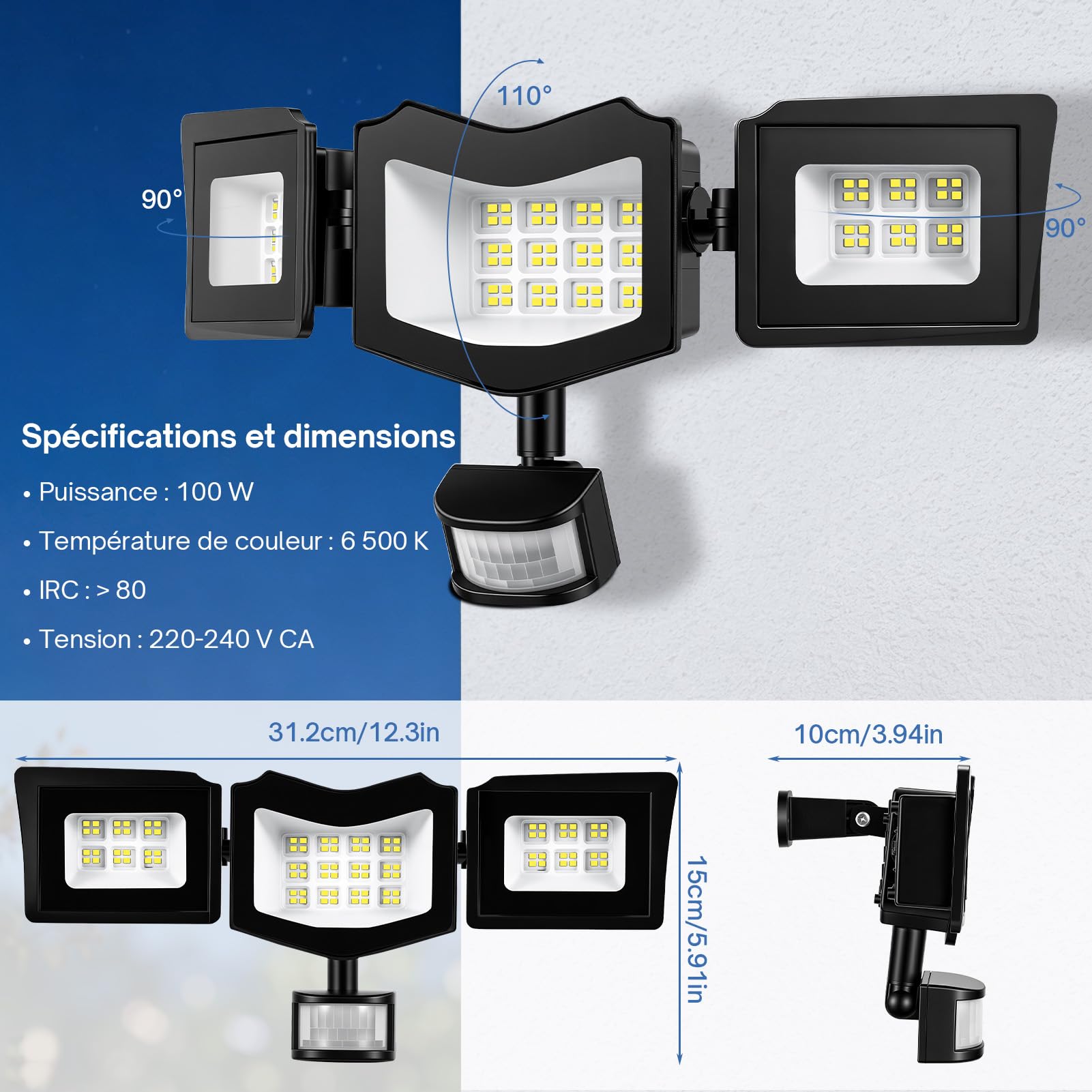 Projecteur LED avec détecteur de mouvement extérieur 100 W, 3 têtes