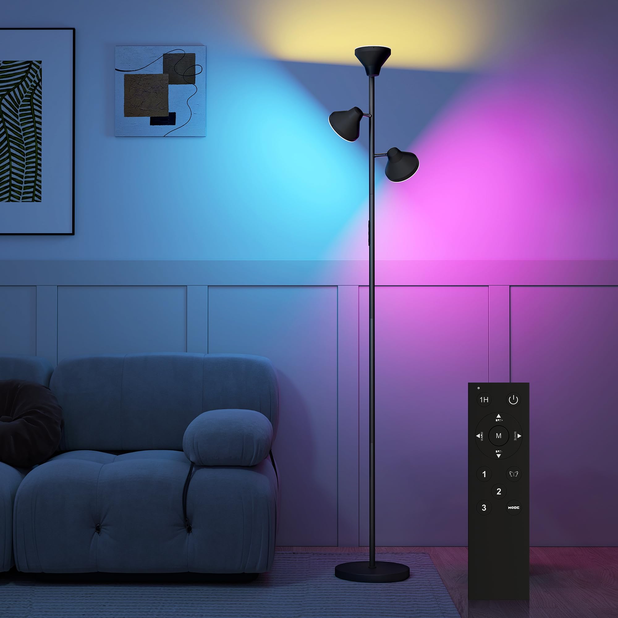 Homcom Black Rgb Floor Lamp With 3 Rotatable Head, Modern Standing Lamp,