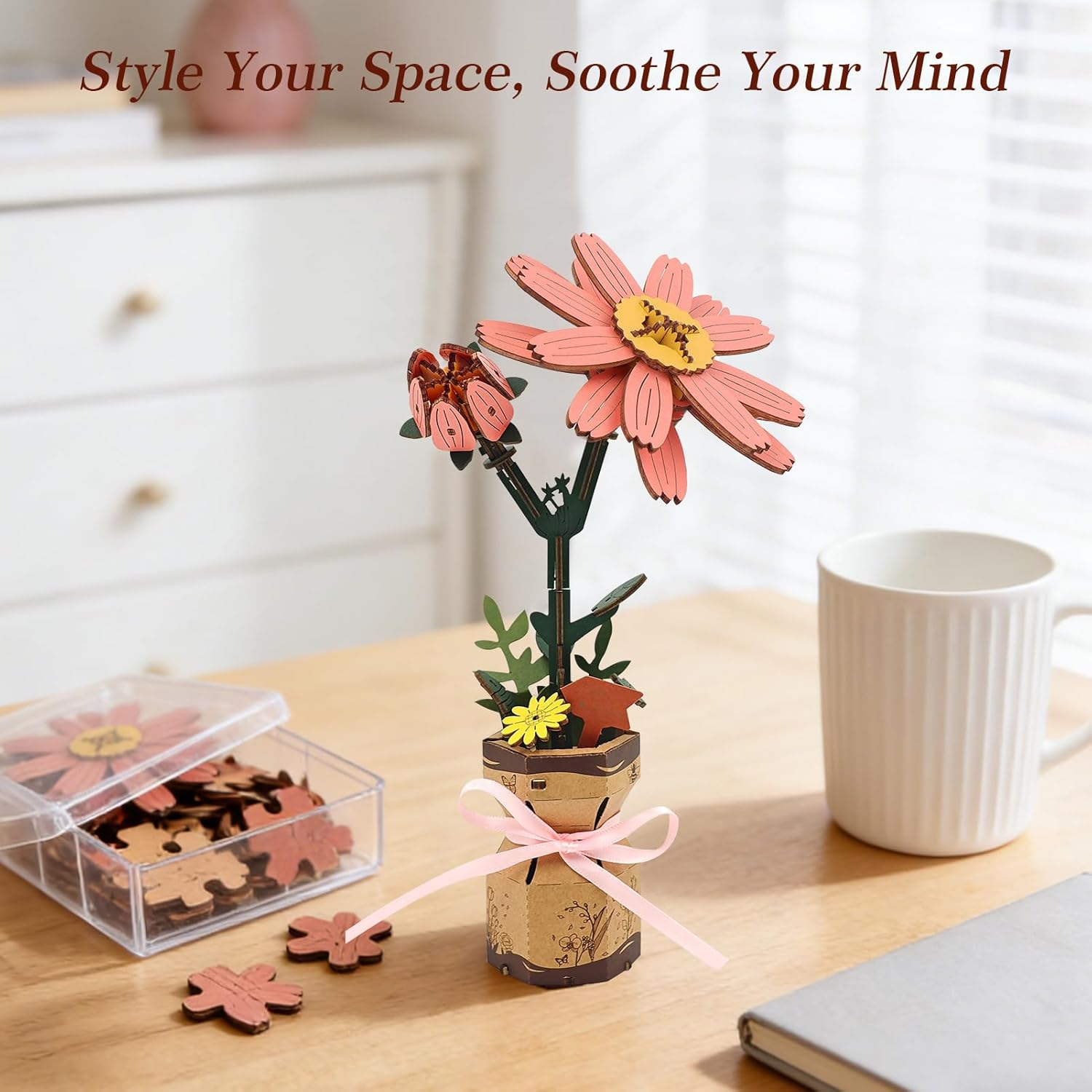 BUSOHA 3D Wooden Flower Puzzle for Adults – DIY Daisy Flowers Crafts for Adults Realistic Wooden Flower Bouquet Building Set, Creative Home Decor & Unique Gift for Women, Mom, Girlfriend,104PCS