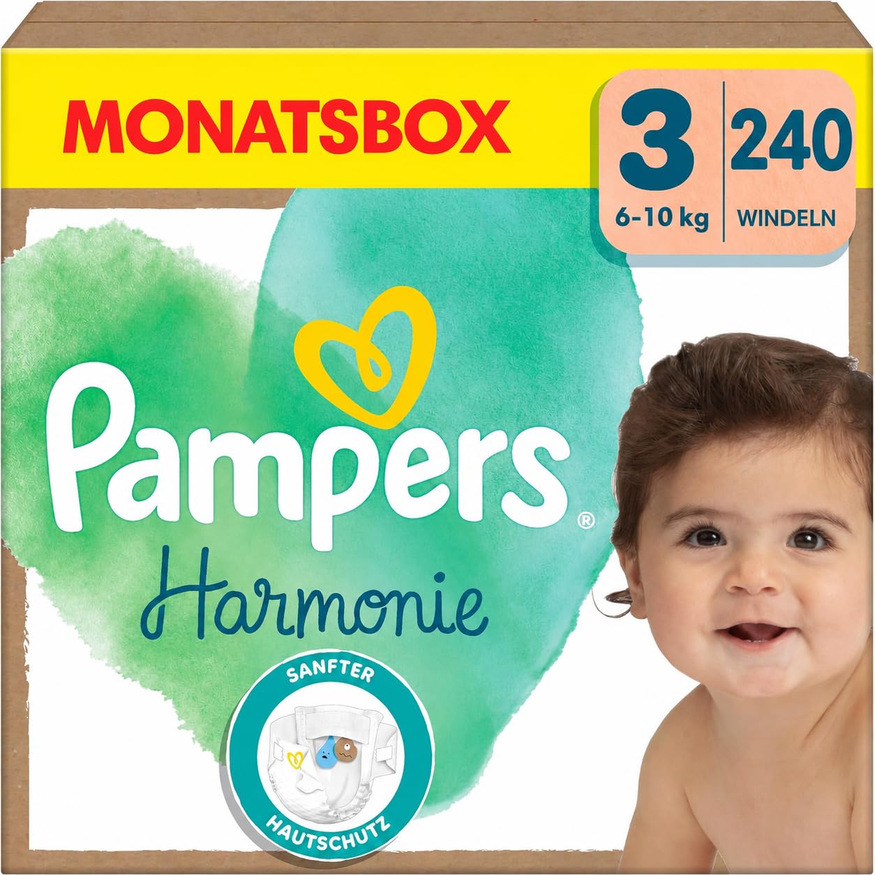 Pampers Harmonie Windeln Größe 3, 240 Windeln, 6kg-10kg, sanfter Hautschutz mit 100 Prozent Pampers Schutz
