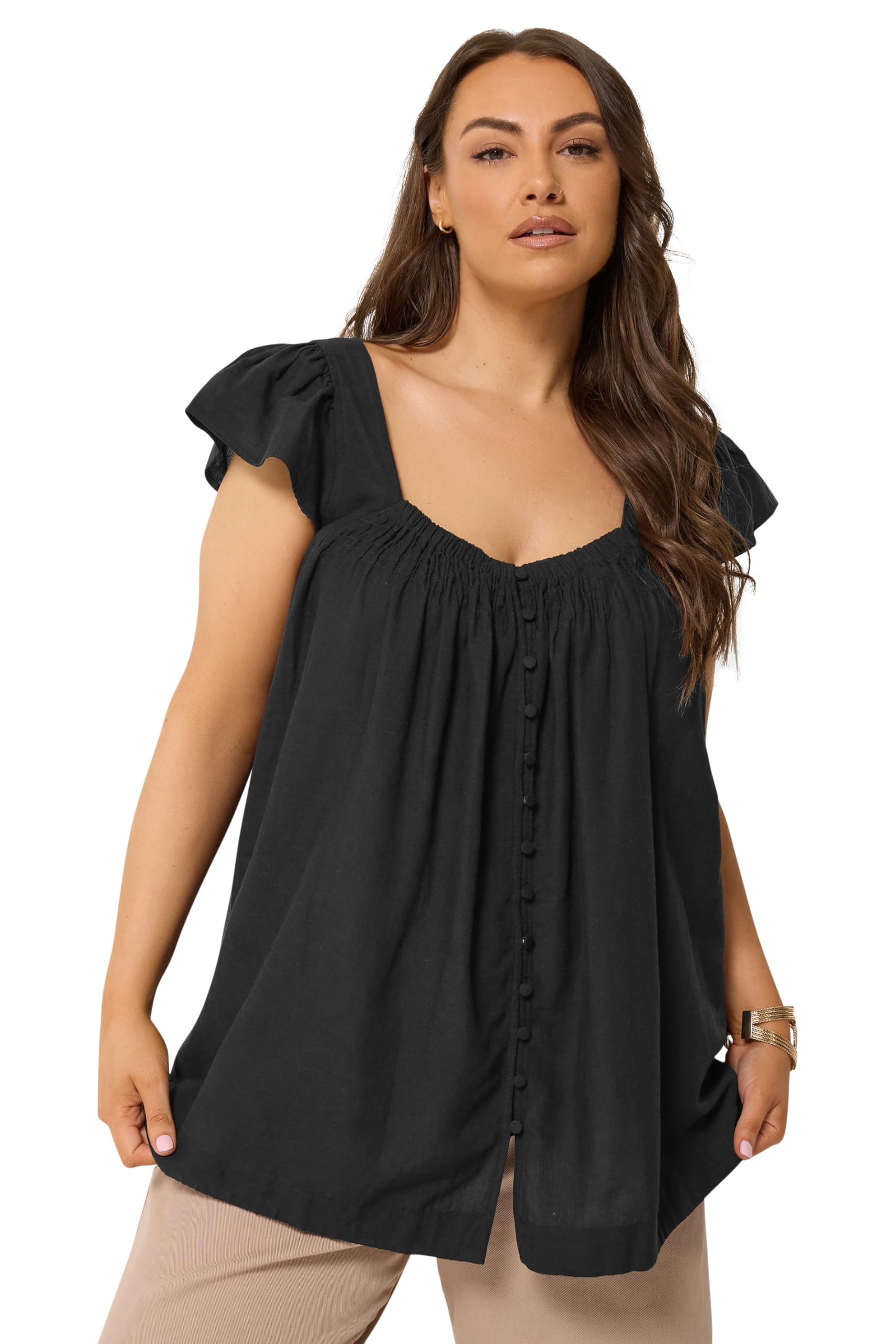 Yours Women's Black Linen Cap Sleeve Top In | Size: 16
