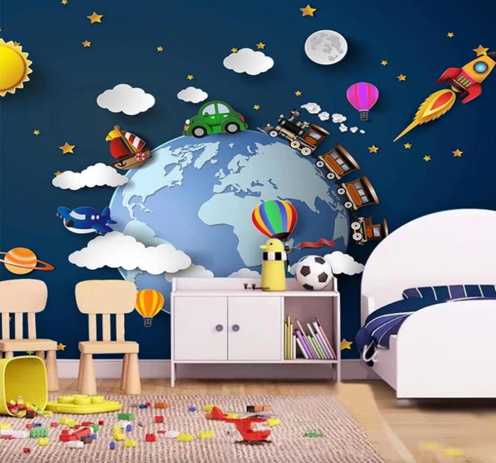 XLMING Cartoon Starry Sky Earth Little Train Balloons Rocket 3D Wallpaper Luxury Home Dining Decor Paste Sofa Living Room The Wall for Bedroom Mural-200cm×140cm
