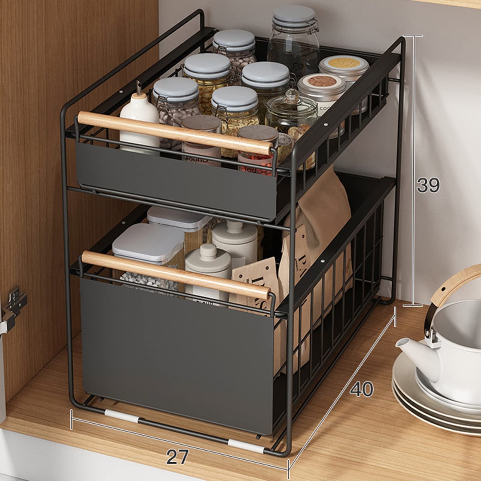 Cesta de almacenamiento multiusos para debajo del fregadero, para cocina y baño, color negro, 40 x 27 x 39 cm, ahorro de espacio, esencial y diseño elegante para el hogar