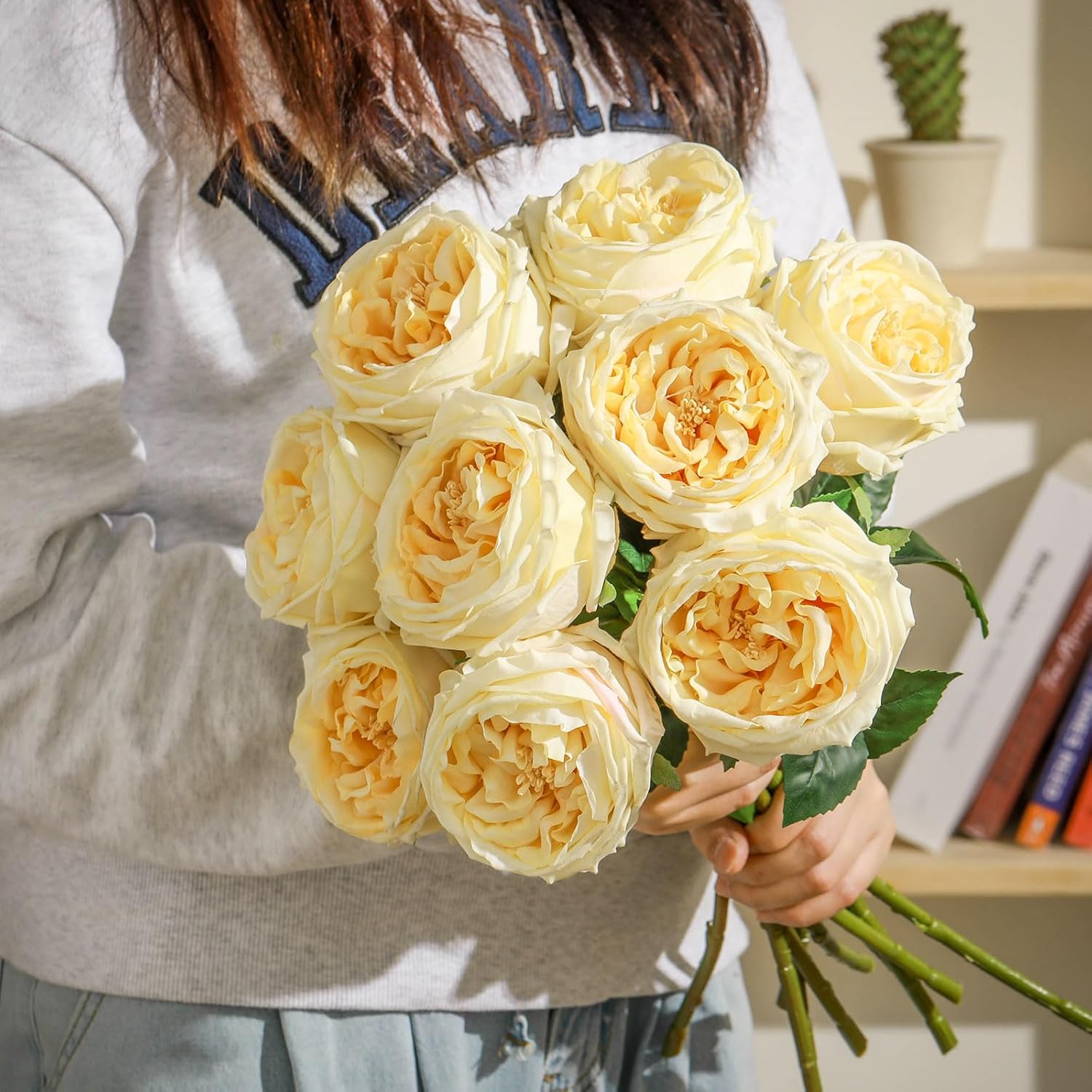 10pcs Real Touch Peonies Artificial Flowers, Faux Austin Rose with Long Stem Look Real Fake Flower for Christmas Valentines Arrangement Wedding Party Home Kitchen Decor(Champagne) - Image 6