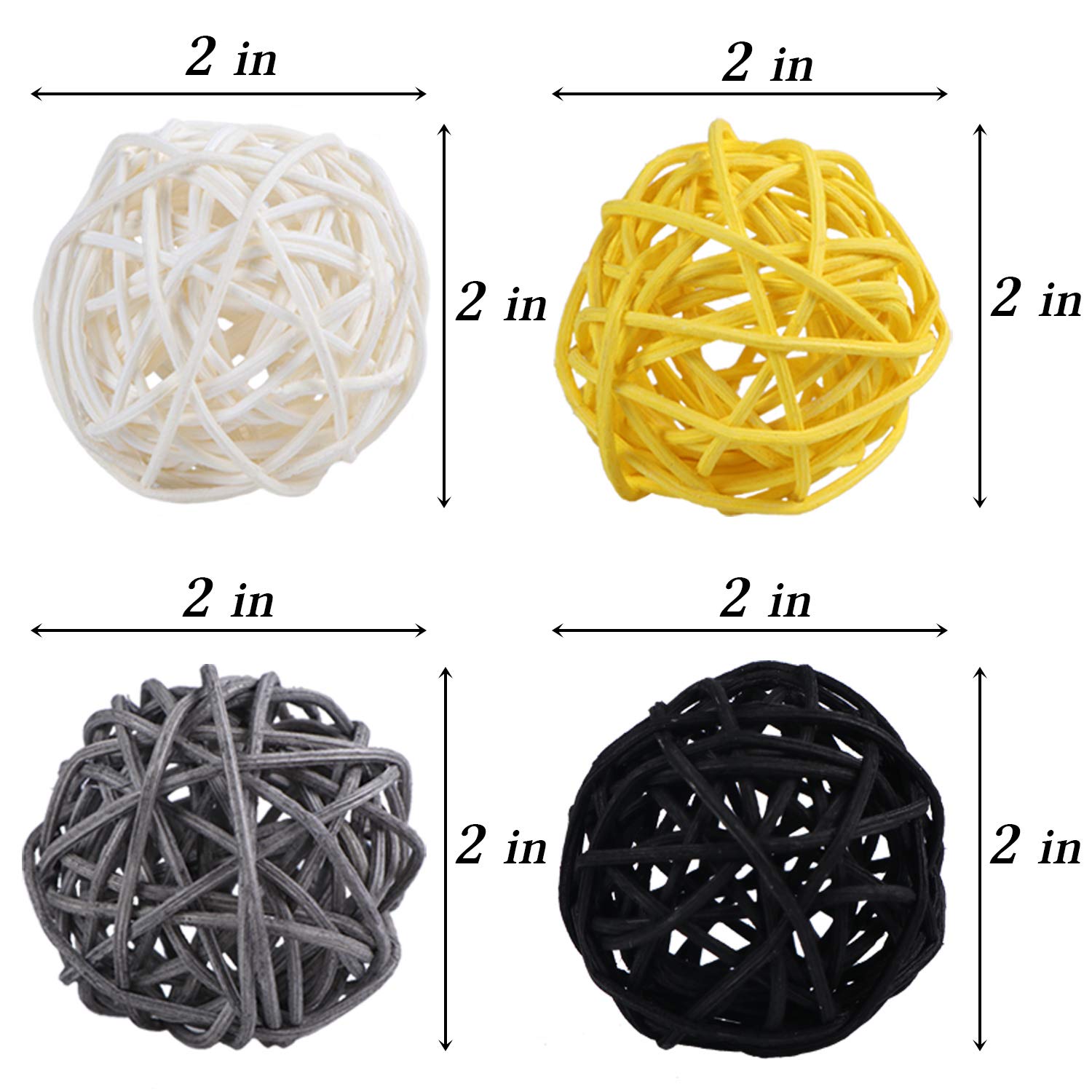 STMK 24 Pcs 2 Inch Rattan Balls Decorations, Wicker Balls Decorative for Home Decor DIY Vase Bowl Filler Ornament Baby Room Nursery Décor Wedding Table Decoration (Black, Grey, Yellow, White)