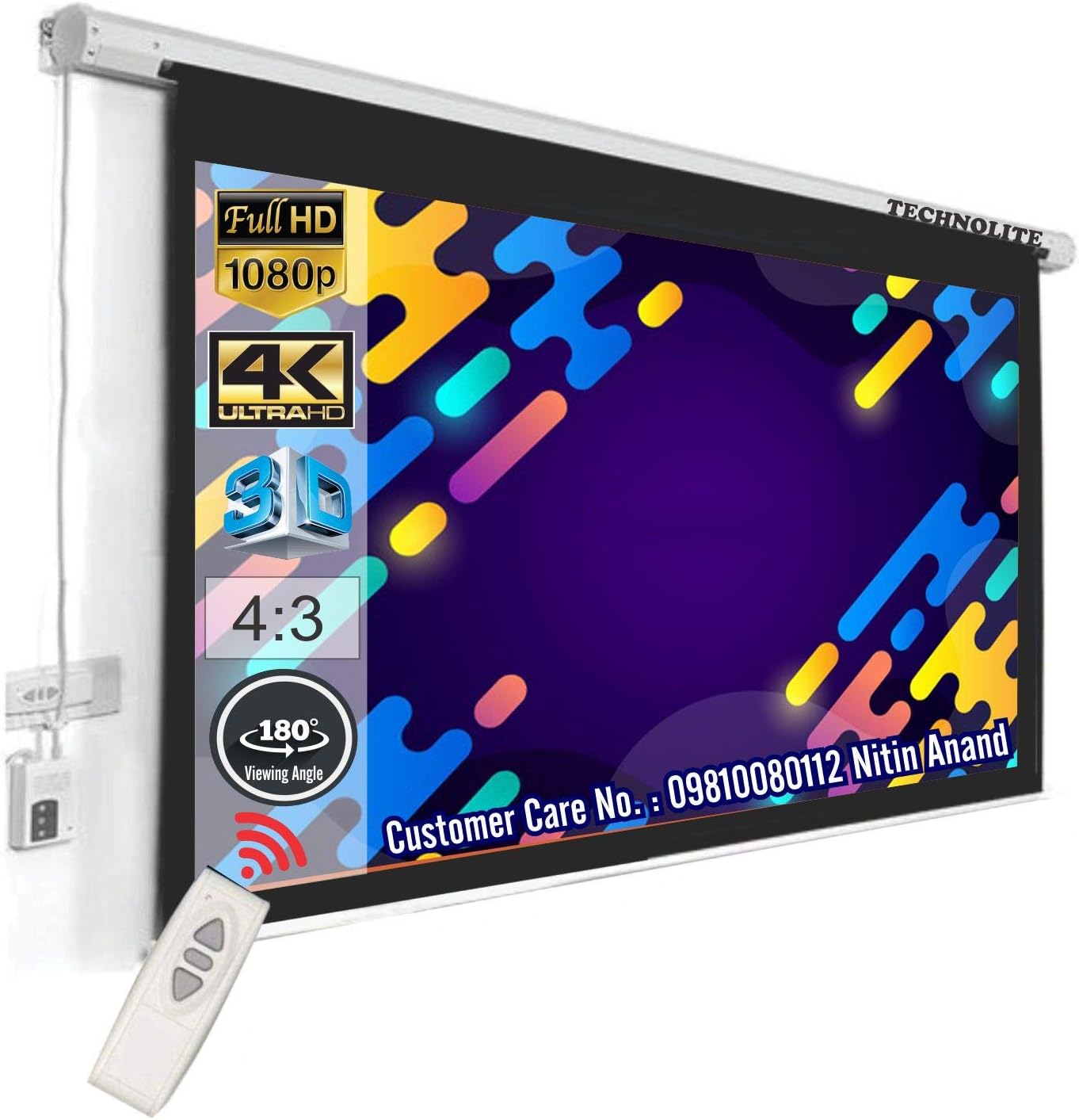 Technolite Home Theatre Motorised Projector Screen, 180 Inches Diagonal, 4:3 Ratio 12 Ft x 9 Ft Supports 1080P-UHD-3D-4K-8K Technology with Cordless Remote(White)