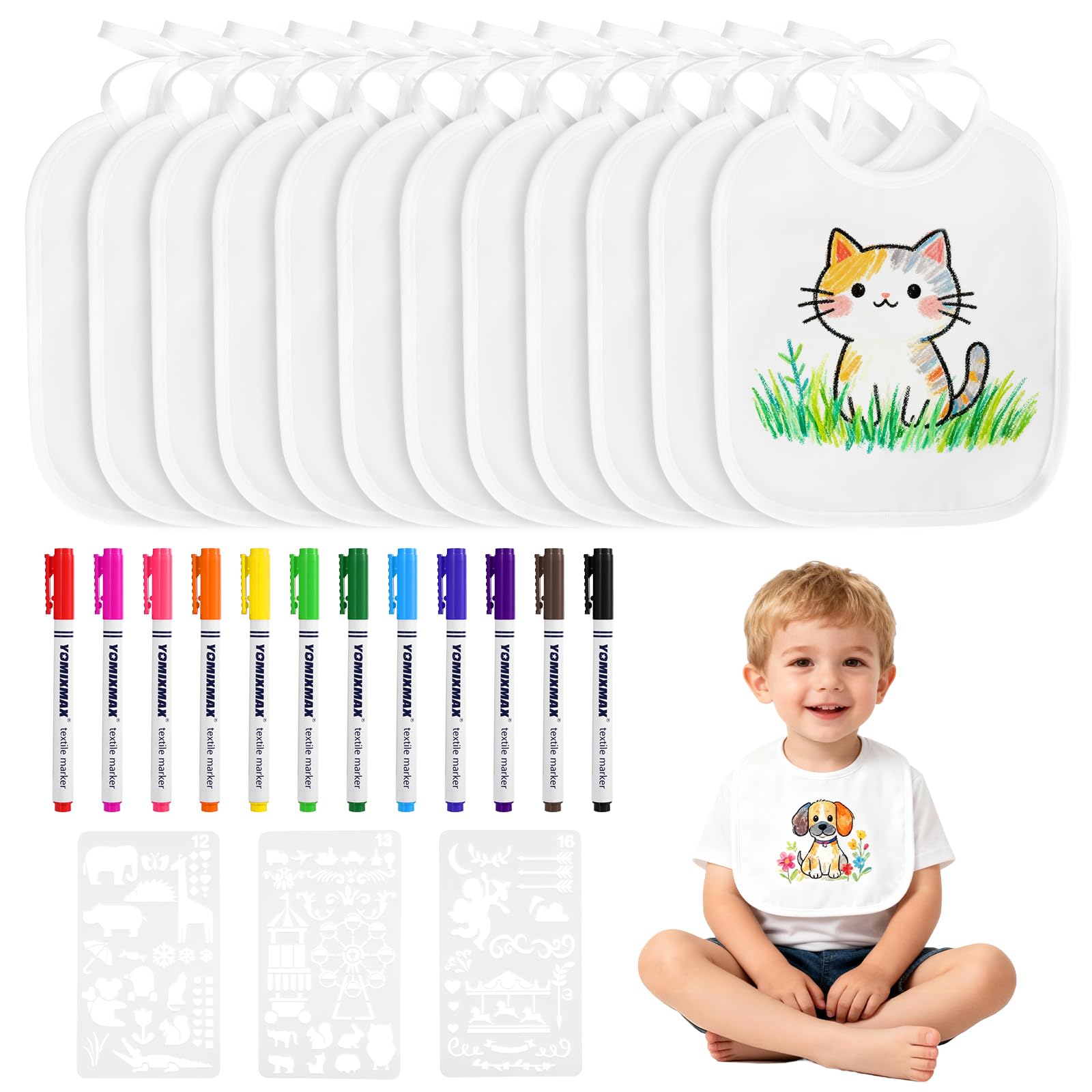 Zorplex 12 Sztuk Śliniaków do Pomalowania, Dwustronne i Wodoodporne, z 12 Pisakami Tekstylnymi i 3 Szablonami do Malowania, Kreatywny Prezent DIY na Baby Shower Dla Chłopców i Dziewczynek
