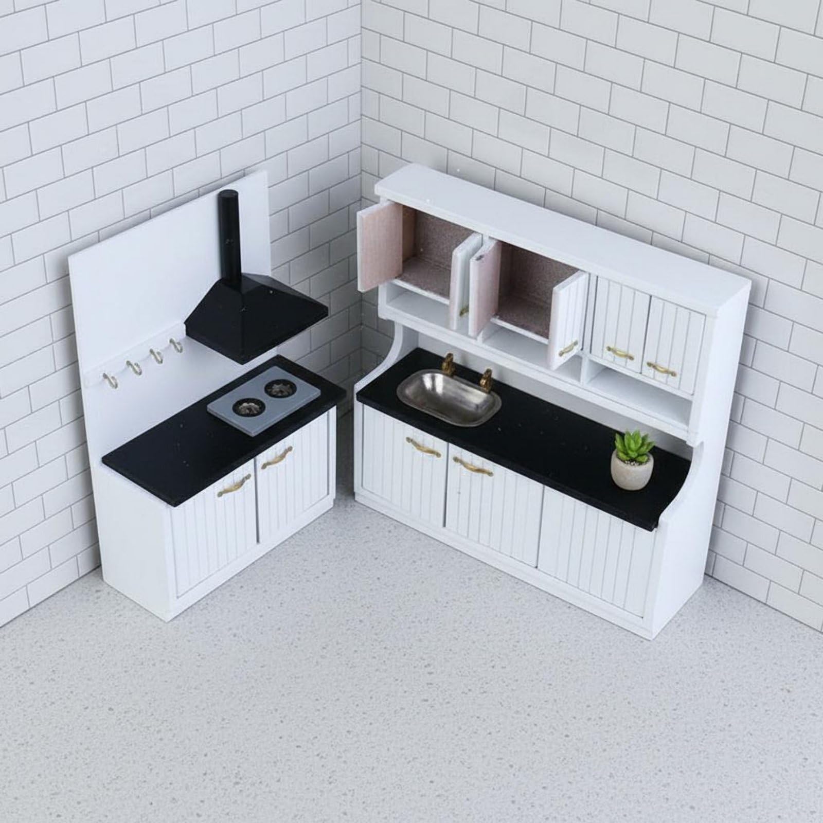 Mini Cucina Armadio Mobile Pensile Piano Cottura Cappa Arredamento Mini per Casetta 1 12 in Legno con Sportelli Apribili E Maniglie Adatta per