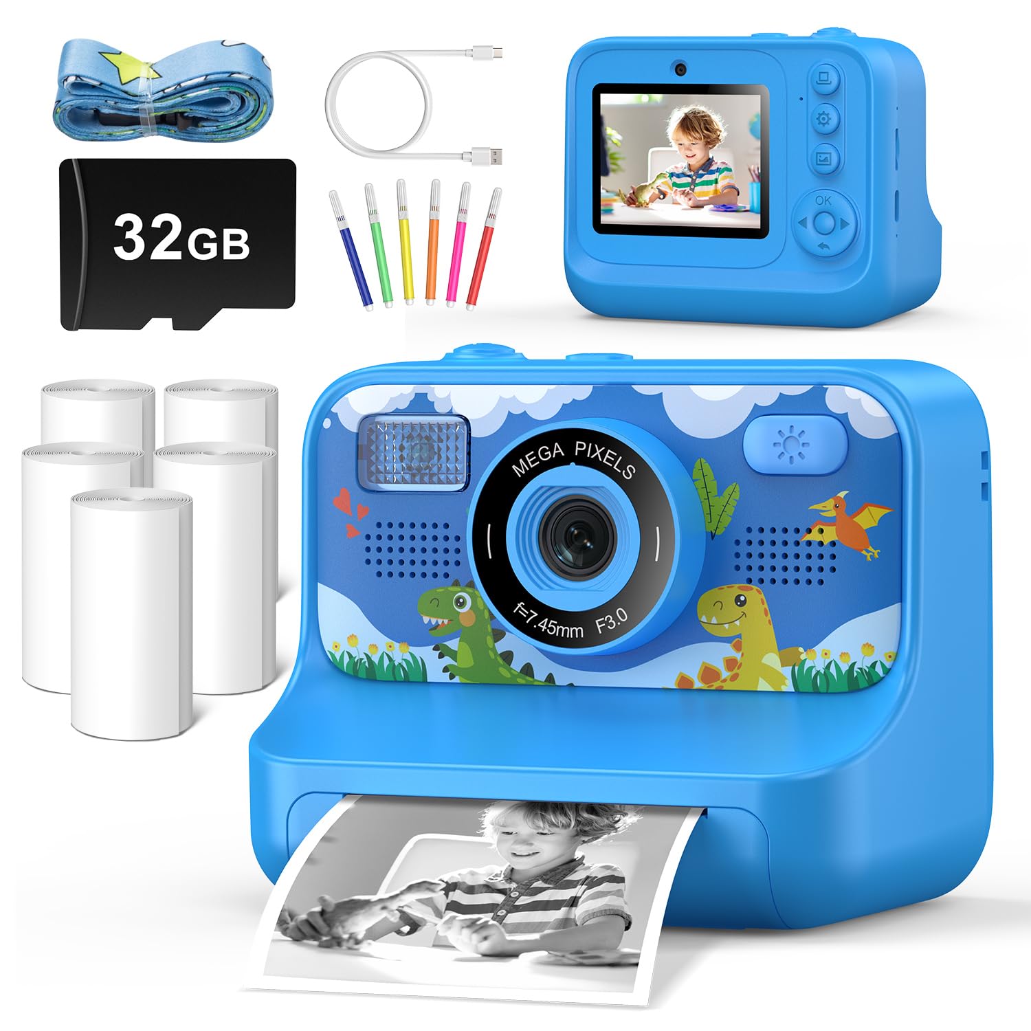 Instant Print Camera for Kids Age 3-12 Girls Boys 1080P Selfie HD Digital Video Cameras with 6 Print Paper & 32G Card Toddler Portable Travel Toys Camera for Christmas Birthday Gifts
