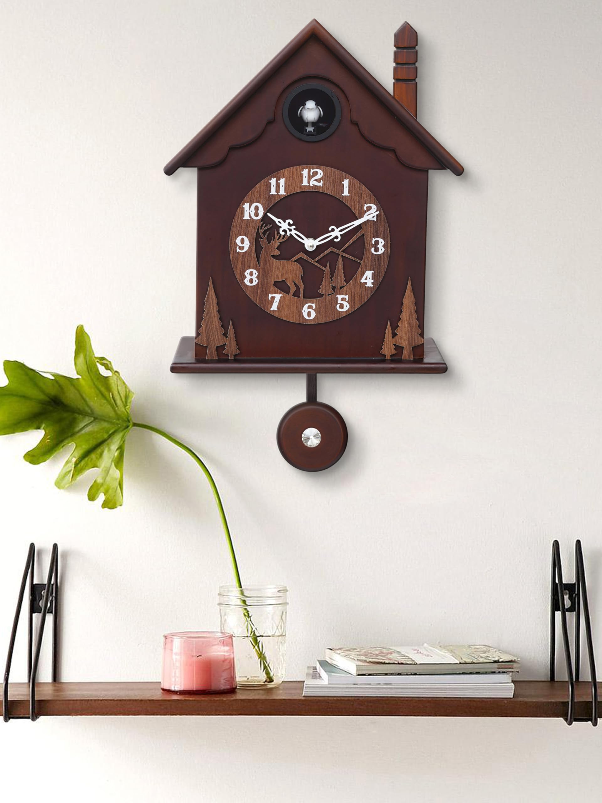 CHRONIKLE Modern Stylish Non Ticking Silent Analog Hut Shape Wooden Cuckoo Wall Clock for Home, Living Room, Bedroom, Office, and Kitchen (Brown) (43 x 11.5 x 26 CM : Weight - 1960 Grm)