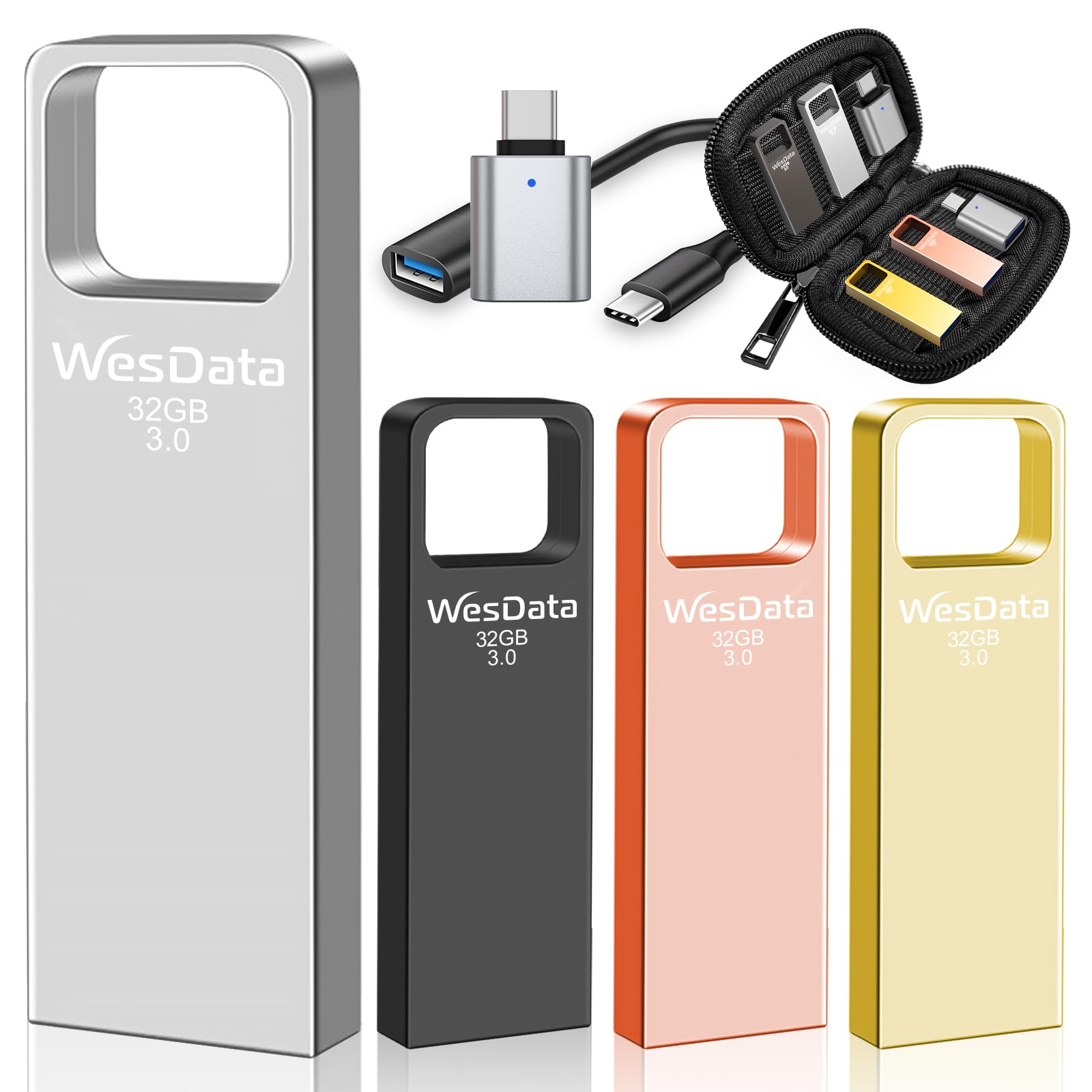 Unidad flash USB 3.0 de 32 GB, paquete de 4 unidades con adaptadores USB-C, mini diseño de metal, velocidad de lectura de 100 MB/s, funda de almacenamiento incluida, oro rosa, gris y plateado