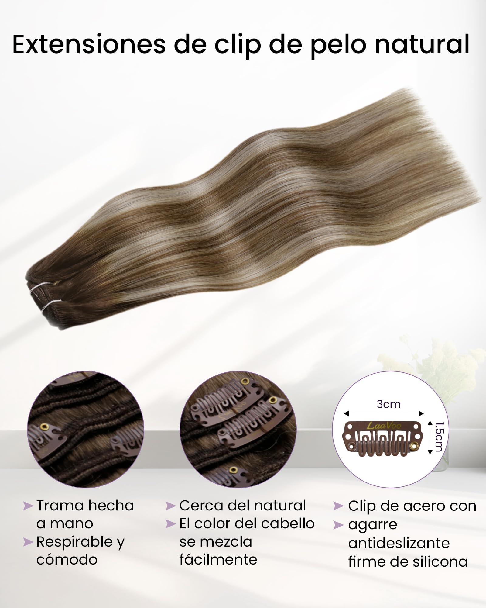 LaaVoo Extensiones de clip de pelo natural degradado, color marrón degradado, extensiones de pelo humano Remy, 5 unidades, 70 g, 30 cm, color marrón oscuro con rubio #3/8/24