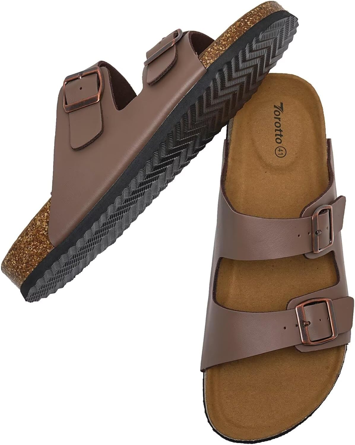 Torotto Genuine Leather Mens Slides with Cork Footbed Open Toe Adjustable Webbing Flat Sandals for Walking | Beach | Indoor(Leather/Brown-45) - Image 6