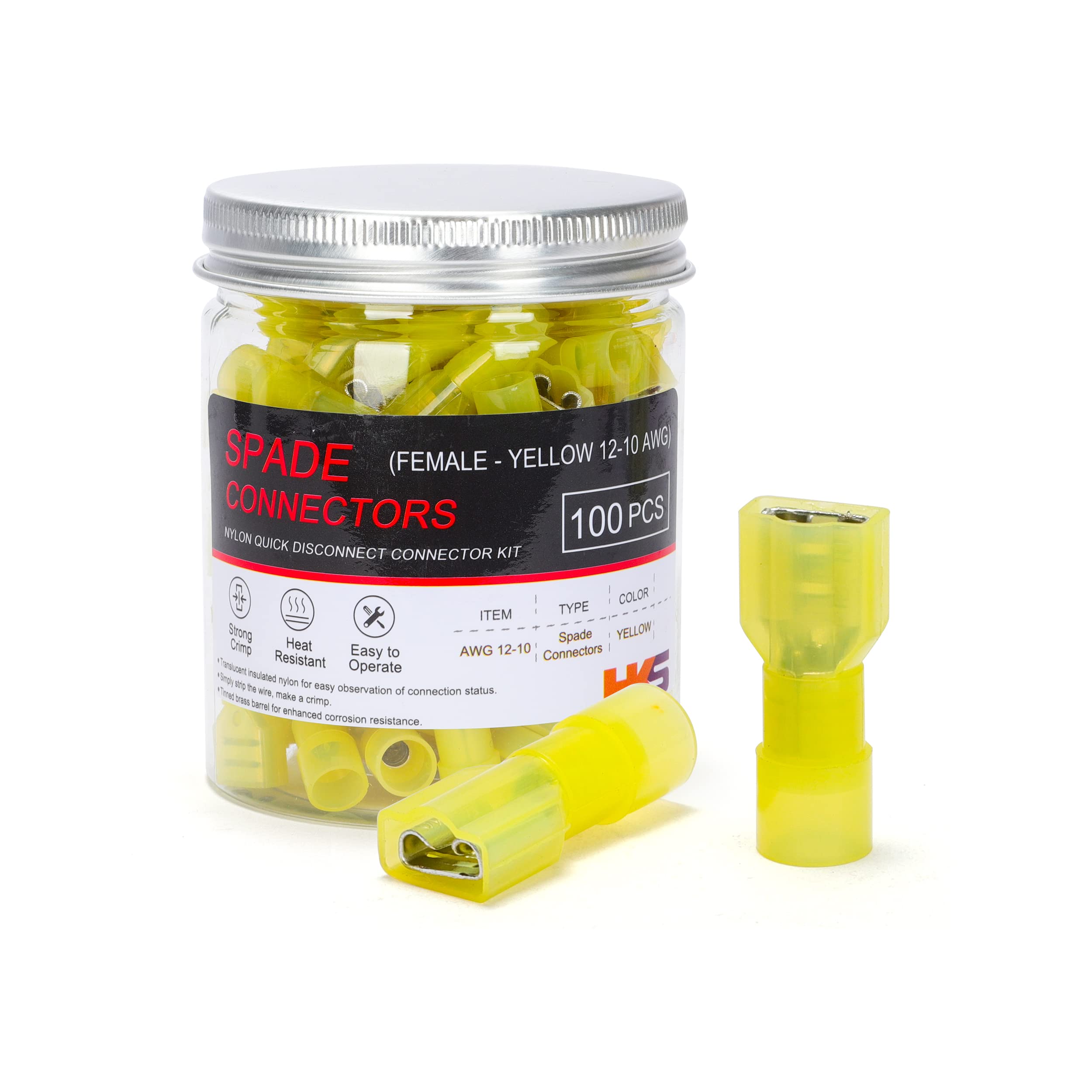 HKS 100PCS Nylon Female Spade Quick Disconnect Connector - Yellow 12-10 AWG Electrical Wire Connectors Kit - Tinned Copper - Cold-Pressed Wire