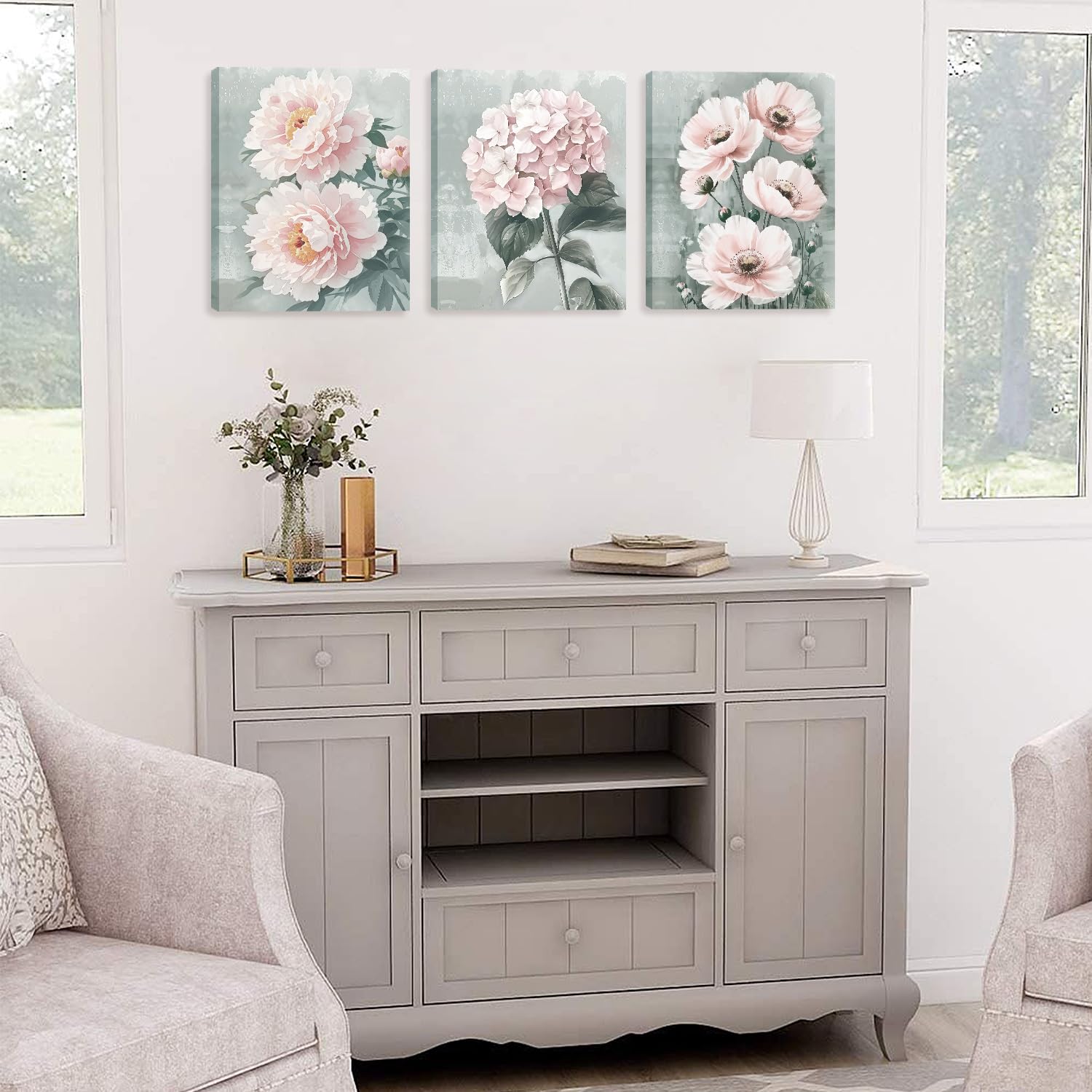 KAIRNE Pink Flowers Wall Art Grey Pink Floral Canvas Prints (11.8”X15.6,Framed) Hydrangeas Blossom Wall Canvas Painting Modern Romantic Poster for Women's Girl's Bedroom Living Room Bathroom 3PCS - Image 2