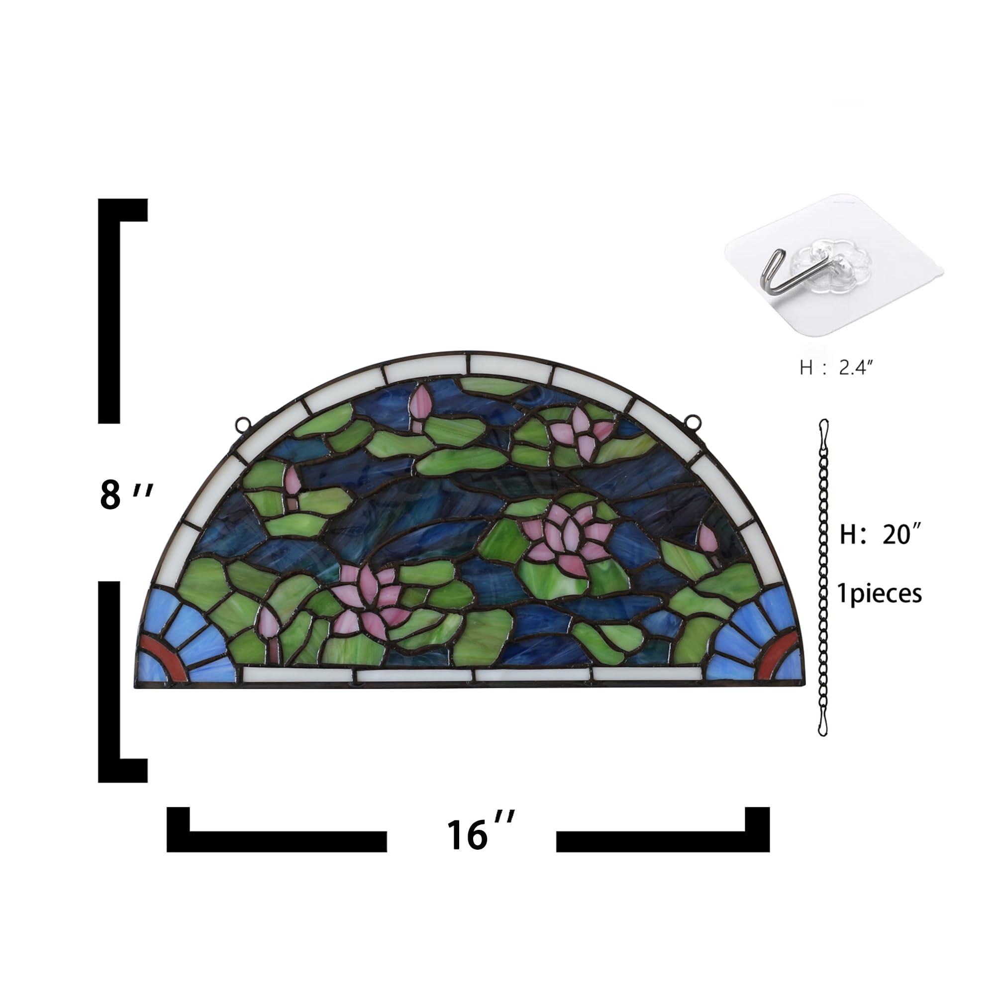 YOURANJU Halbmond-Buntglas-Fensterdekoration, Tiffany-Stil, 40,6 x 20,3 cm, halbrund, Einweihungsgeschenk, Wohnzimmer, Schlafzimmer, Küche, Fenster, dekorative Behänge mit Kette (Lotus)