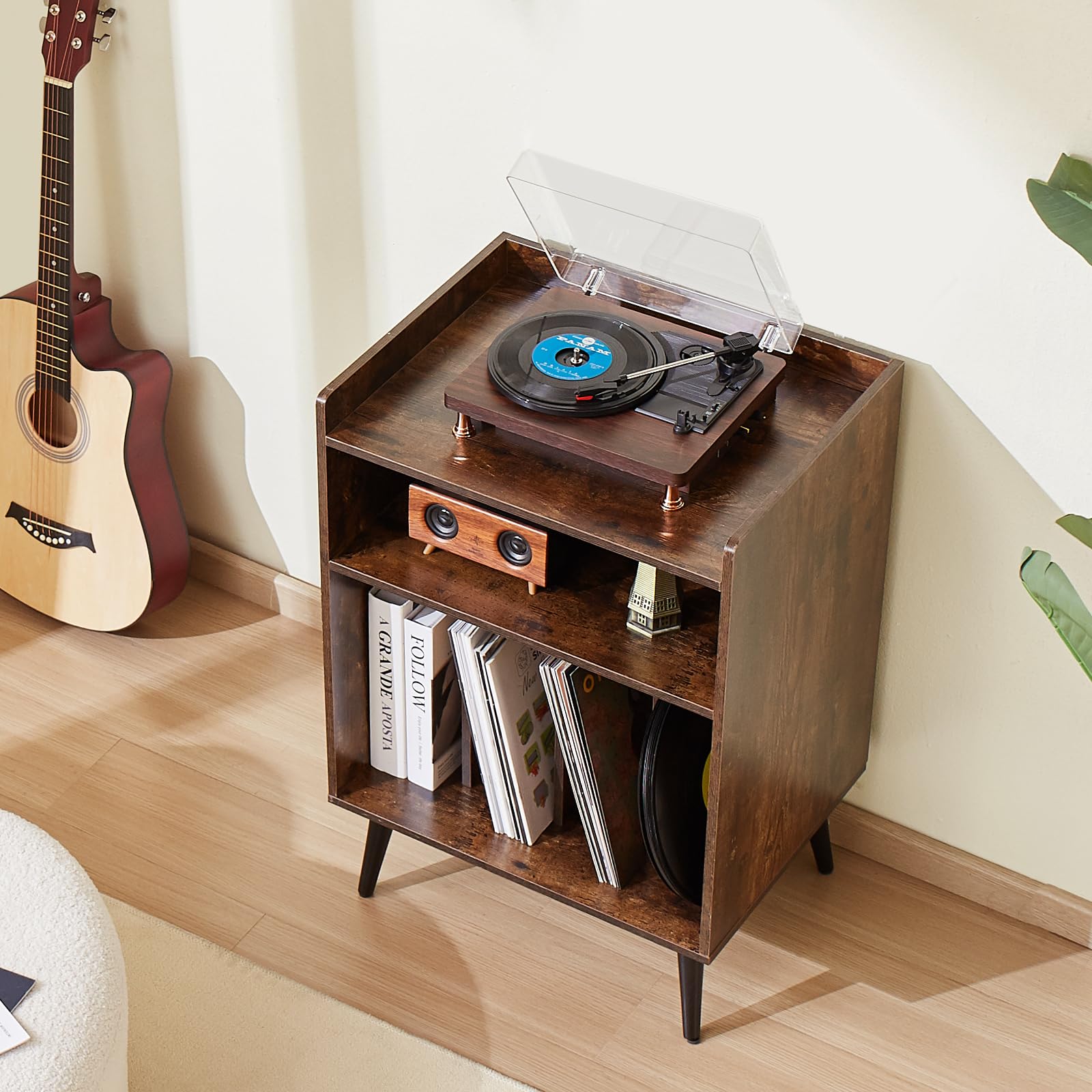 VEVOR Meuble Platine Vinyles 3 Niveaux, Support de Tourne-Disque avec Lumière LED, Station de Charge et Ports USB, Capacité 150 Albums, Armoire à Disques Vinyles en Bois, Salon Chambre à Coucher