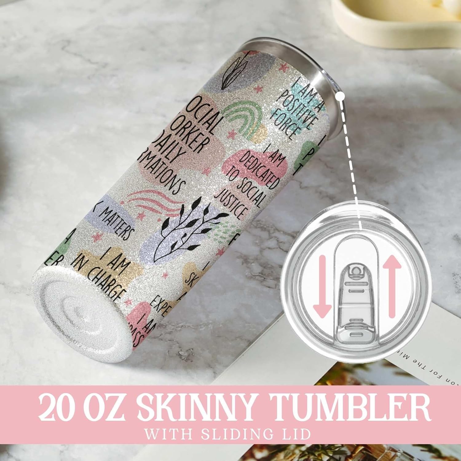 Onebttl Social Worker Gifts For Women - Social Worker - 20oz/590ml Stainless Steel Insulated Glitter Tumbler with Straw - Social Work Month, Appreciation, Graduation Gifts for BSW, MSW, DSW - (Silver) - Image 4