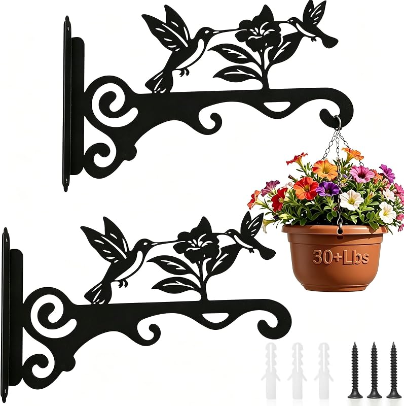 Elegant Bird Pattern Wall Hooks - 10/12/14 Inch Metal Plant Hangers for Indoor & Outdoor - Rust-Resistant Bracket for Plants, Feeders, Chimes, Lanterns (2, Black, 10 inch)