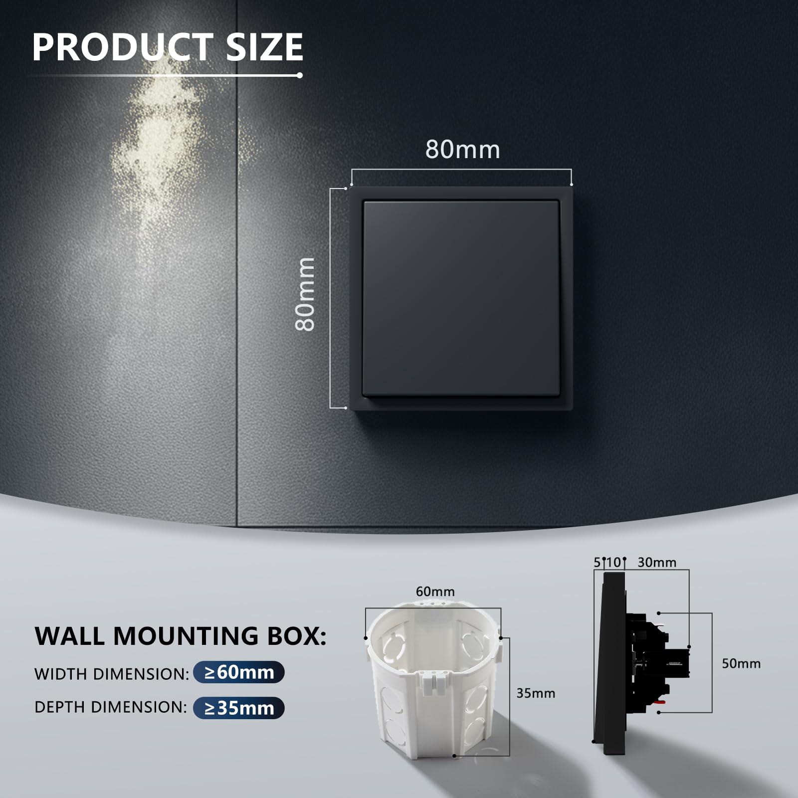 BSEED Interruptor Pared,1 Gang 3 Vías Negro 80x80mm,Interruptor de Luz Empotrado 16A,Panel de Plástico,con Ganchos de Sujeción Fijos,Diseño sin Tornillos