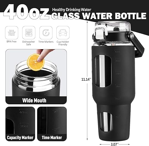 Miniatura 3 de BLUEGO Botella de agua de vidrio de 40 onzas, botella con popote y tapa, vaso de vidrio con marcador de tiempo y agua, taza de café helado con funda