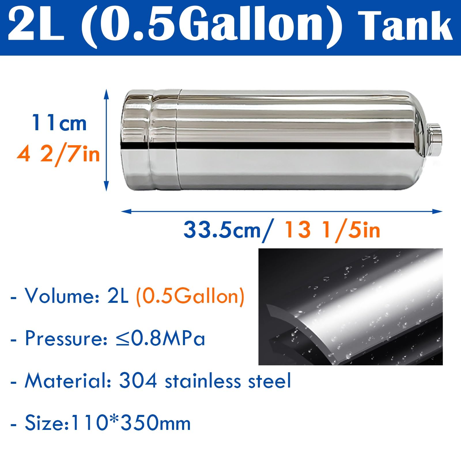 Lufttank Luftbehälter Kleiner Lufttank 2L 4L, Horizontaler Hochdruck-Luftbehälter Aus Edelstahl 304, Gasvorratsbehälter Für PKW/LKW/Schnorcheln(0.5Gal/2L (11x33.5cm))