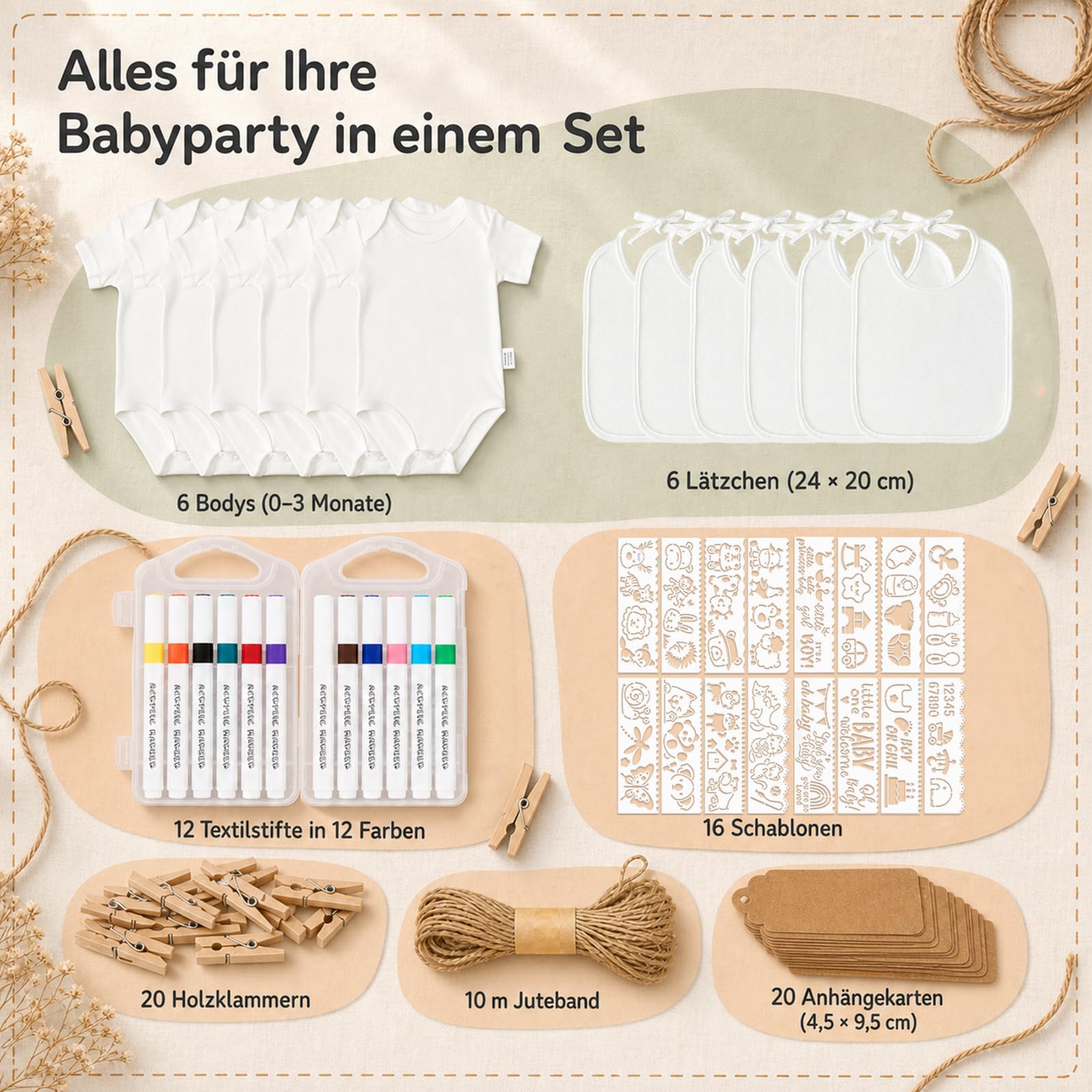 Juego de 81 piezas para baby shower, body para pintar y babero para bebé para pintar blanco, 6 bodys para bebés de 0 a 3 meses, 6 baberos de 24 x 20 cm, 12 lápices textiles, 16 plantillas, juegos de