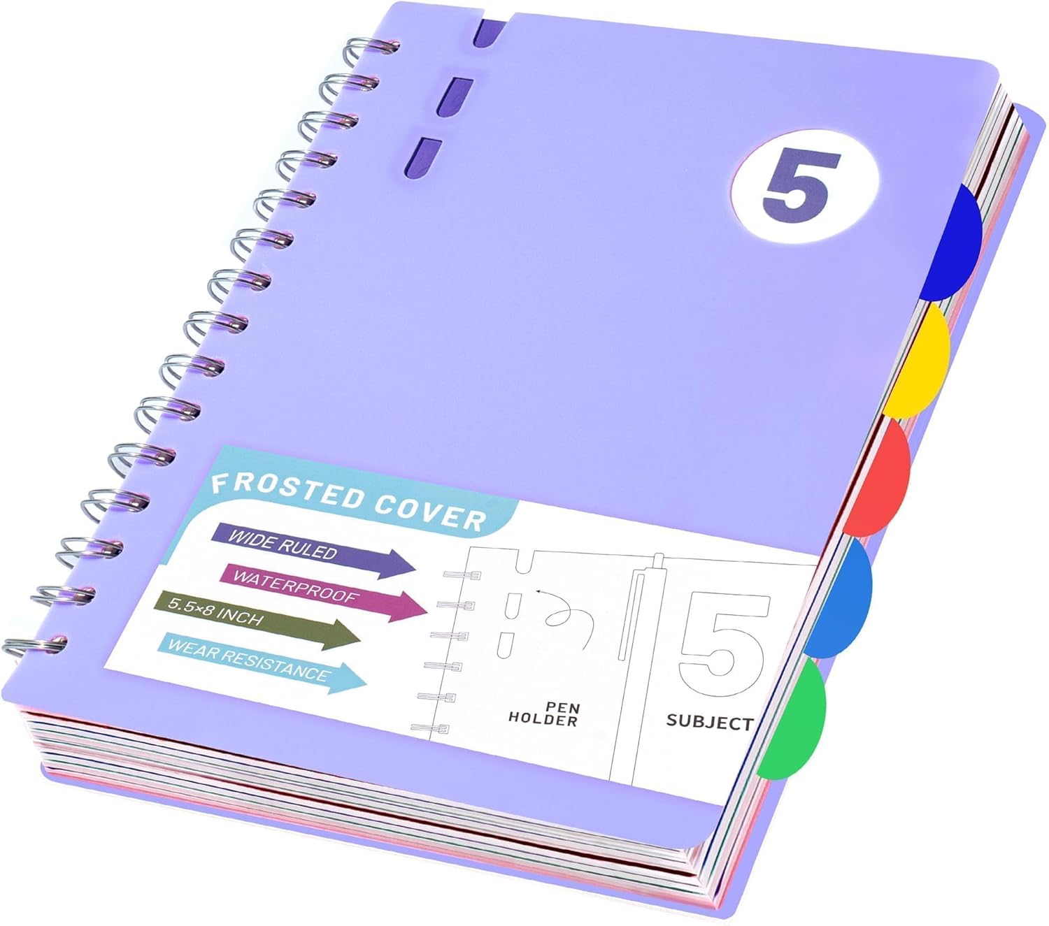 FLYING EAGLE 5 Subject Notebook Wide Ruled Spiral Notebook 5×7, A5 Small Notebook with Dividers, Hardcover Notebooks for Work, 204 Pages Lined Journal for Women, Violet