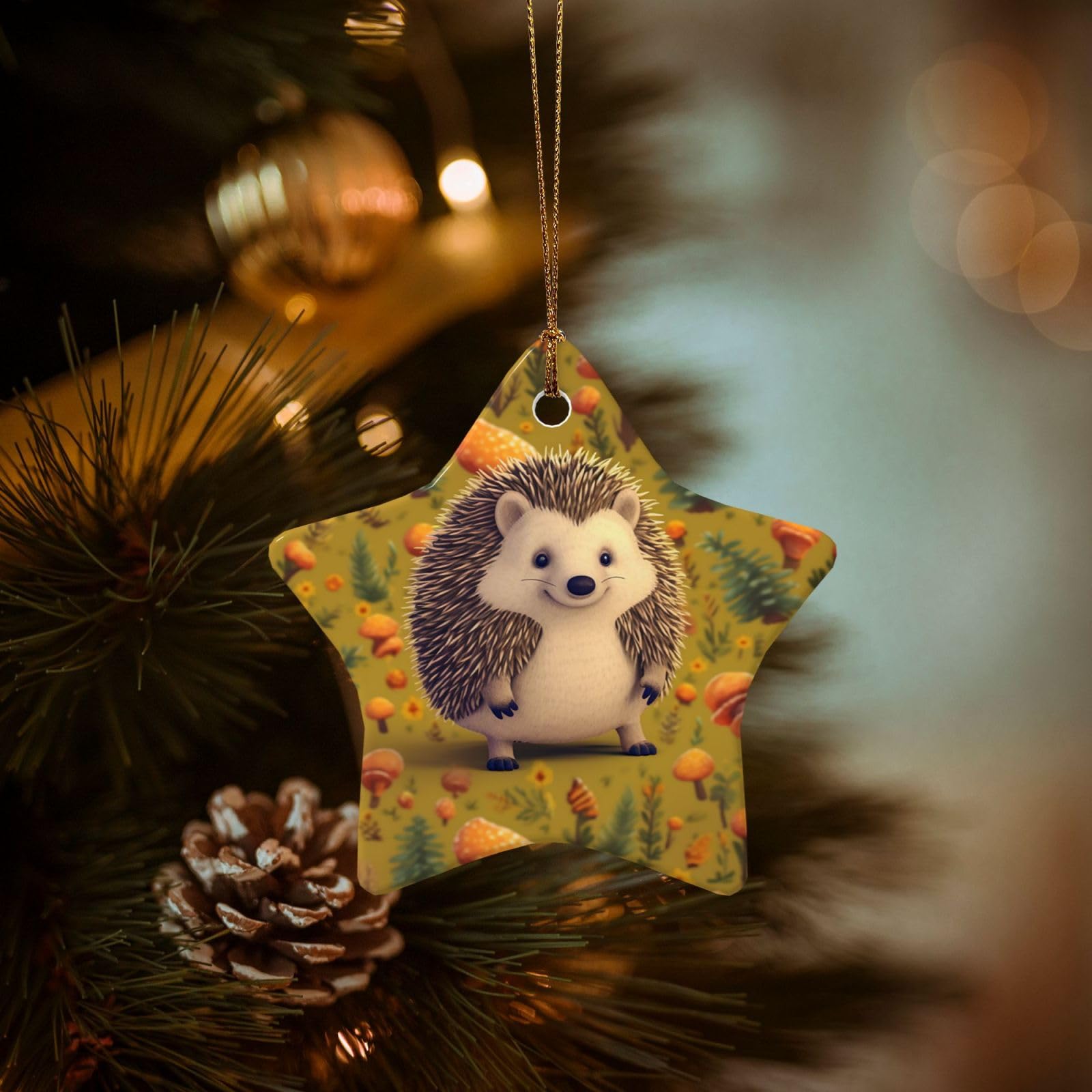 Christmas Ornaments for Christmas Tree Decoration Hanging Hedgehog Ornament with Gold Ribbon Crafts Star Shape Ceramic Pendant for Keepsake Gifts Xmas Decor Party Supplies