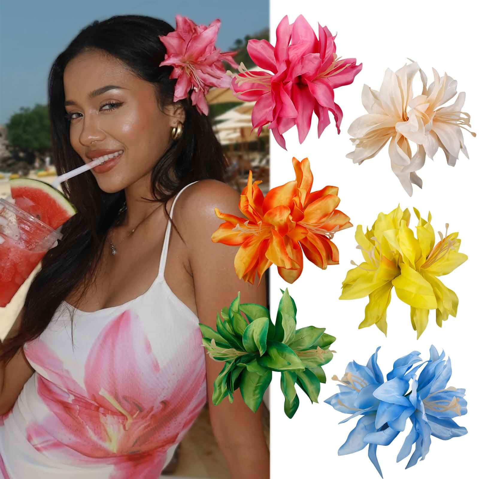 6Pcs Large Hawaiian Clips for Women, 5 Inch Hibiscus Flower Hair Clips Tropical Floral Claw Clips Bohemia Beach Vacation Party Accessories Summer Bridal Hair Pins for Women Floral