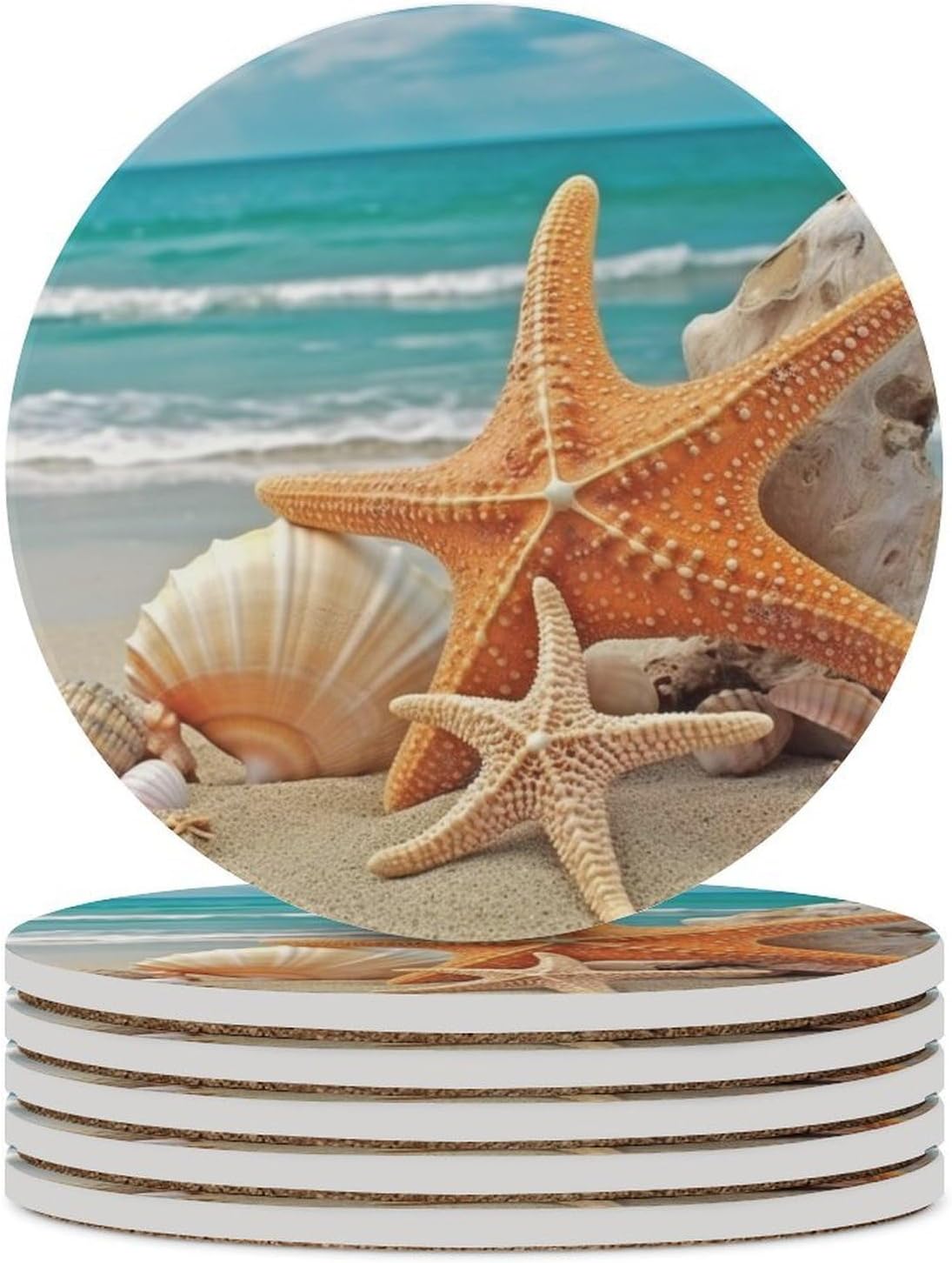6PCS Starfish Seashell Beach Coasters Non-Slip Round Drink Coasters with Ceramic Stone and Cork Base, Heat Resistant Absorbent 33.00Stone Coaster Set for Kinds of Mugs and Cups, 4 Inch