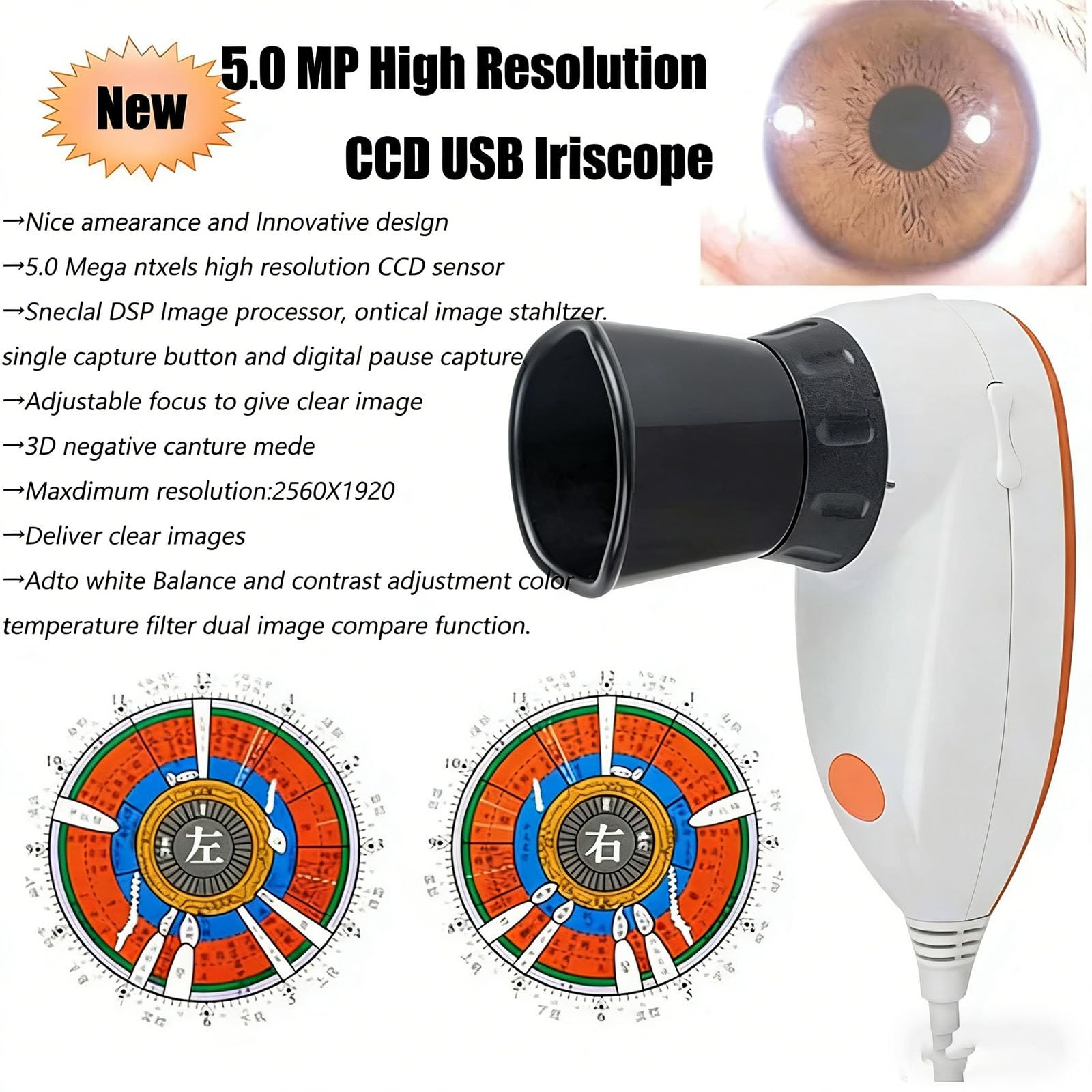 Analizador de cámara de iridología, analizador de Iris USB de 5,0 MP, cámara de iridología Ocular, análisis de Lente de Iris HD 30x, Software de análisis Pro Iris en