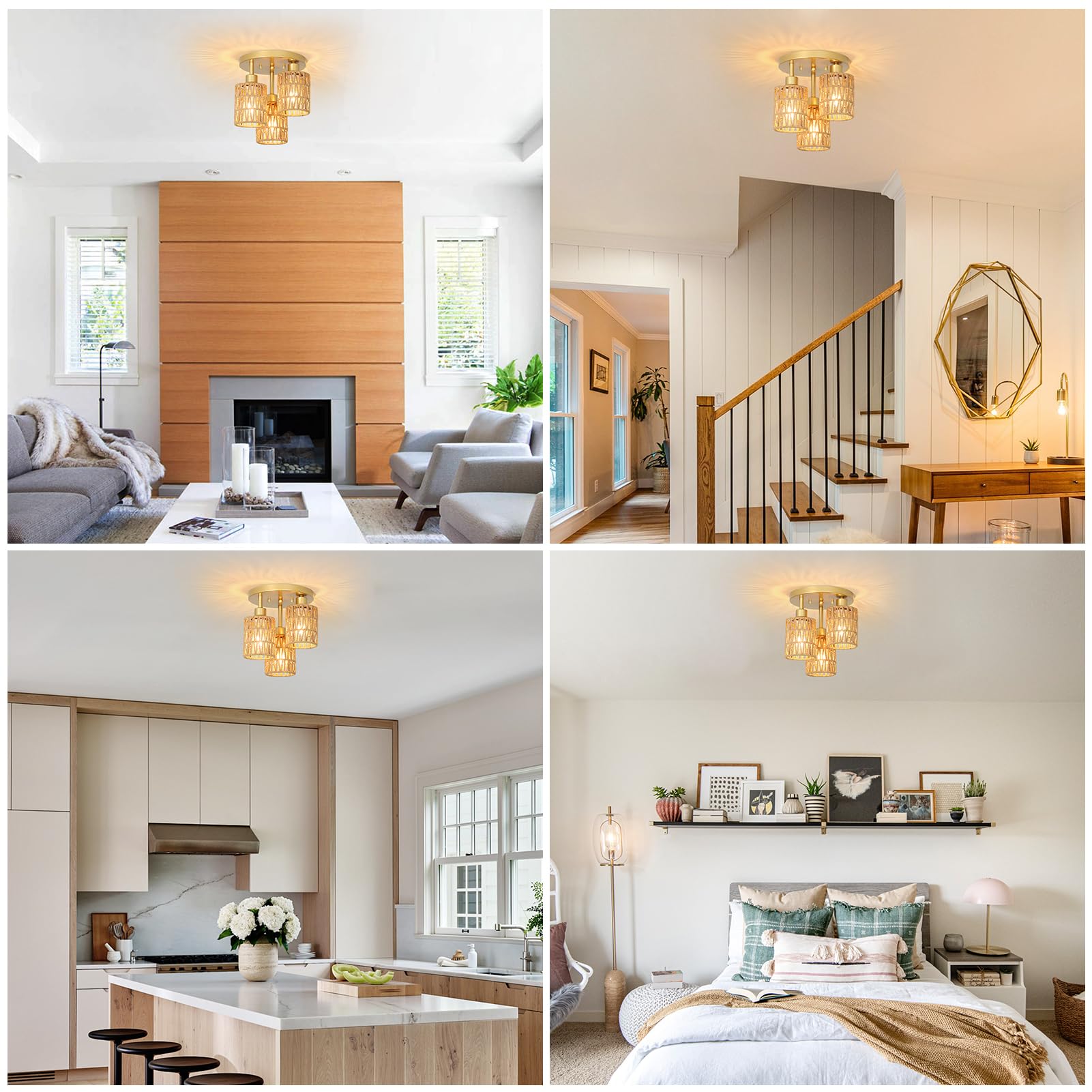 Rayofly Rattan Deckenlampe Hängend, 3-flammige Boho Deckenleuchte mit Rattan Lampenschirm, Vintage Deckenlampe Bambus, Modern Deckenleuchte Wohnzimmer, Gold Korb Lampe für Schlafzimmer, Küche, Flur