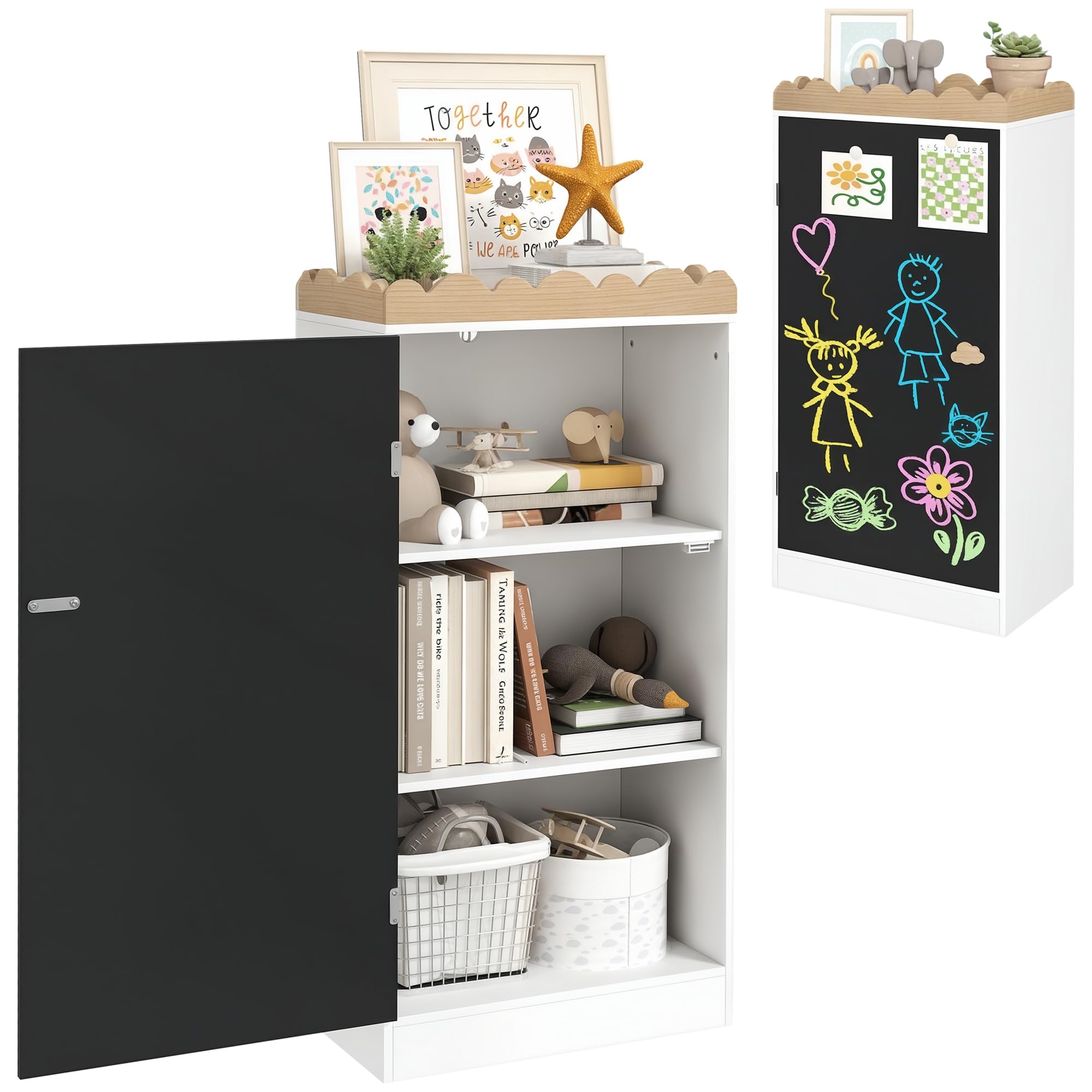 AIYAPLAY Meuble Rangement Enfant, Rangement Jouet Enfant, Armoire pour Enfant avec Porte en Tableau Noir, 3 casiers et Plateau supérieur pour Chambre à Coucher, Salle de Jeux, crèche, Blanc