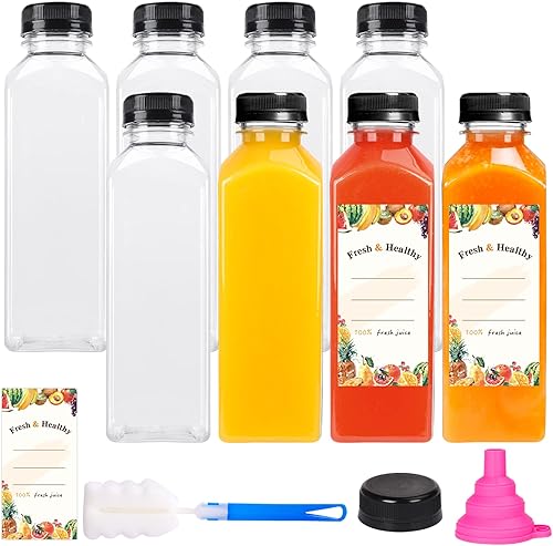 Moretoes - 8 unidades de botellas de jugo de 16 onzas, botellas de plástico con tapas, botellas reutilizables para jugos para bebidas, batidos y