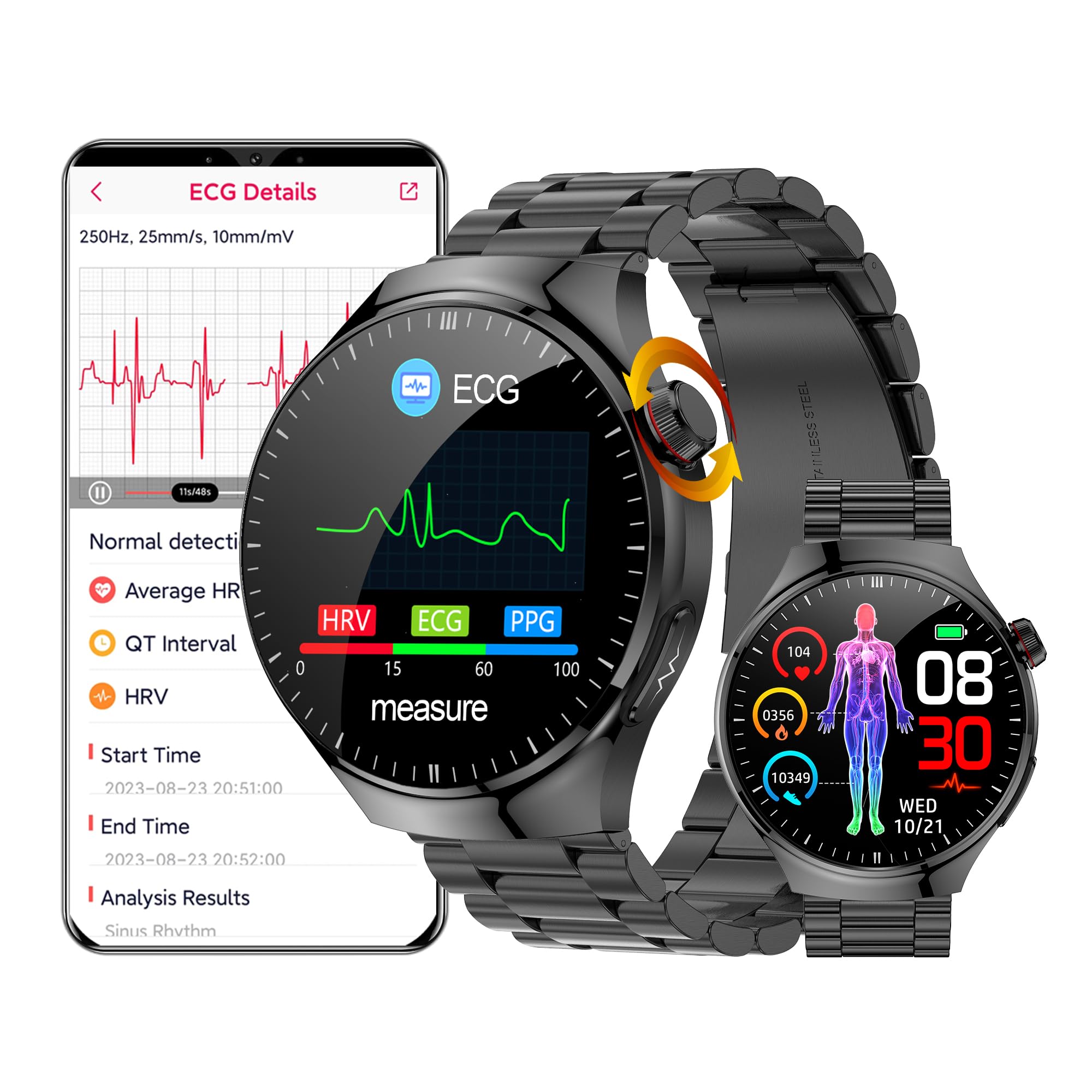 Montre Connectée ECG et Cadran Répondeur aux Appels,1,43 étanche AMOLED Smartwatch Femme Homme avec Oxymètre Pression Artérielle, SpO2, Fréquence Cardiaque pour Android iOS (Métal Noir)