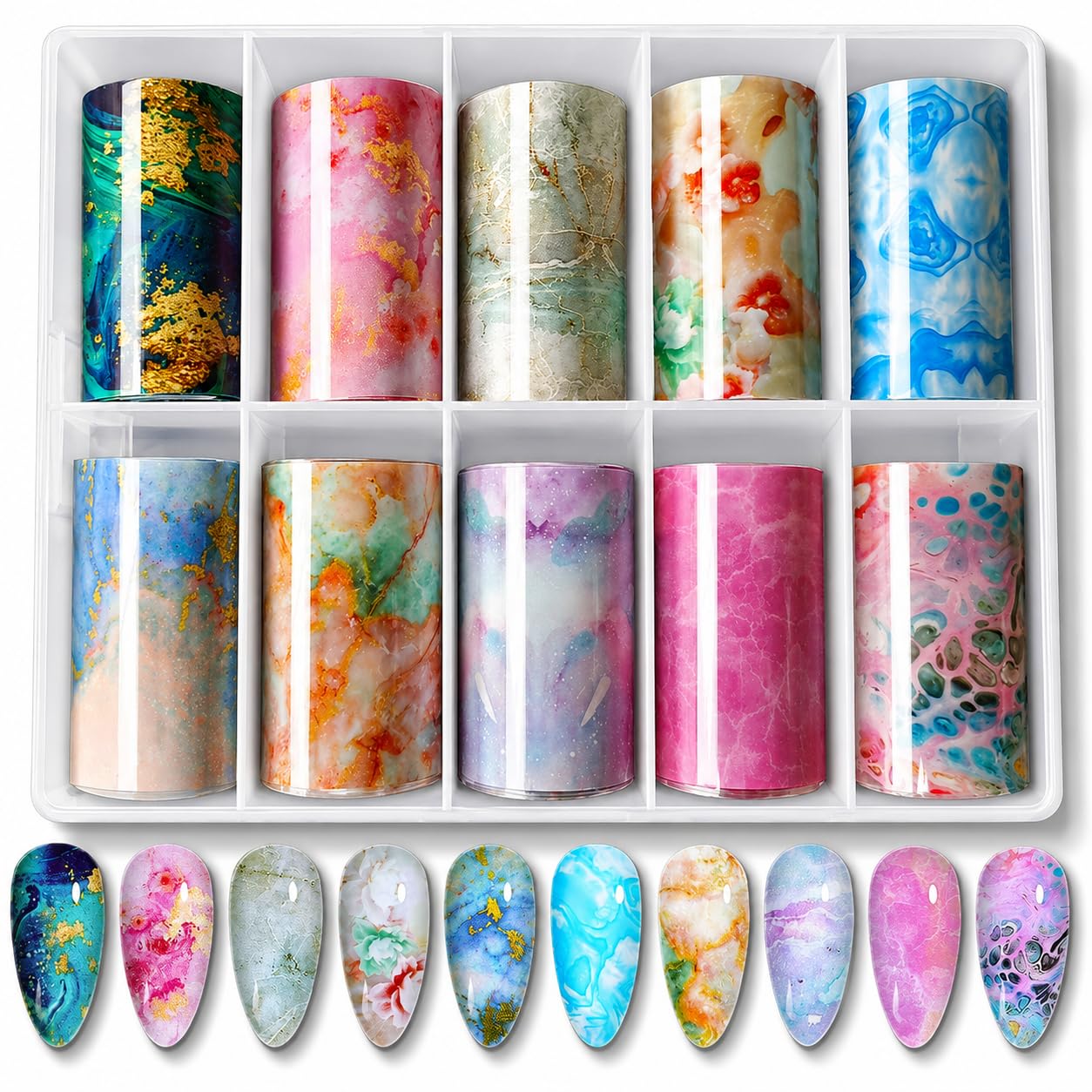 BEAUZY PROFESSIONAL Nail Foil Paper Set, 10 Sheets (4cm x 100cm) Marble & Floral Transfer Foils for Gel Polish & Acrylic, DIY Nail Art Decoration with Storage Box-picture-30