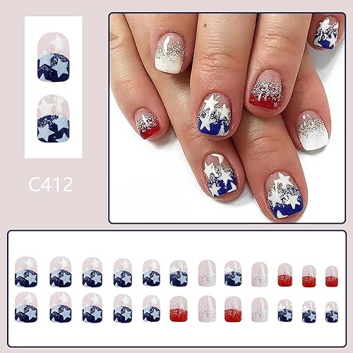 Miniatura 10 de OCOUYVD Uñas postizas largas a presión para el 4 de julio, uñas acrílicas de ataúd rojo, azul y blanco, uñas adhesivas para el Día de la