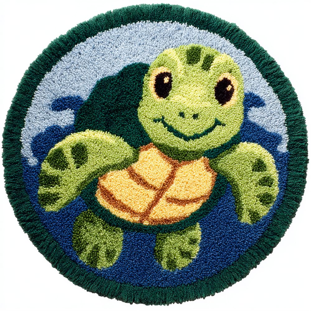 kitphoenix Round DIY Latch Hook Rug Kits Cartoon Turtle 20X20Inch (50X50Cm) Easy for Beginners Children Round Carpet Crochet Yarn Craft Large Rug Hook and Latch Tapestry for Home Decor