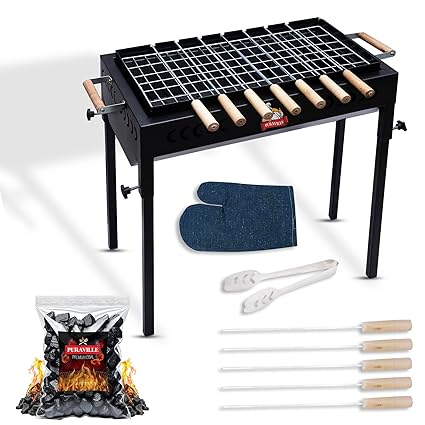 PURAVILLE Backyard Charcoal Grill Barbeque With 8 Skewers,1 Grill,1 kg Coal,1 Tong,1 Glove & Charcoal Tray | Charcoal Griller BBQ | Large Cooking Area, Additional Warming Rack