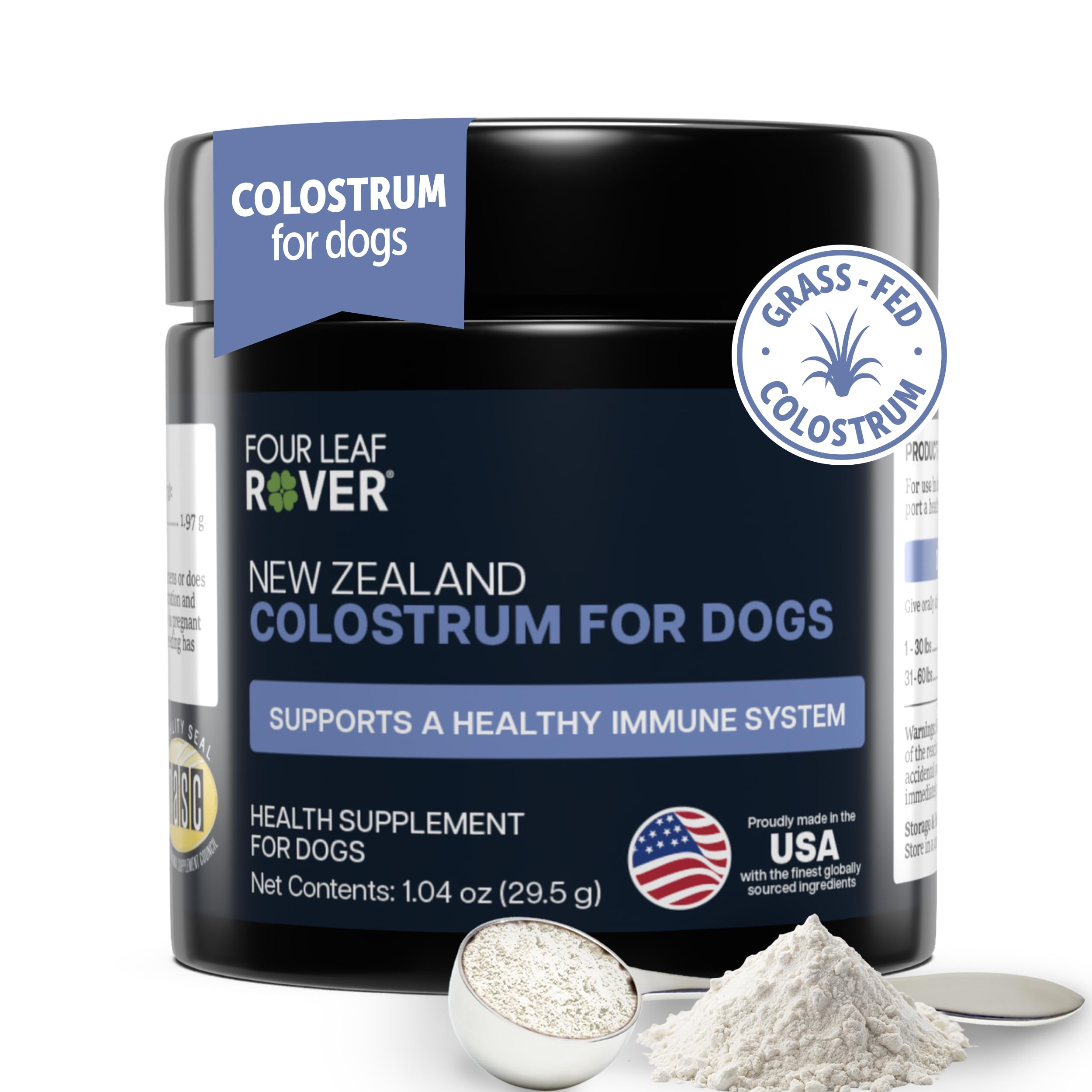 Four Leaf Rover Bovine Colostrum for Dogs - from 100% Grass-Fed New Zealand Cows - for Skin, Gut & Immune Health - 60 Day Large Dog Supply