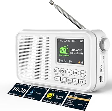 Portable FM Radio with Bluetooth, NOAA Weather Alert, Alarm Clock | 2.4" Color Screen, 40 FM Presets, 3000mAh Rechargeable Battery, 8W Speaker, 6 EQ Modes, microSD Playback, Headphone Jack