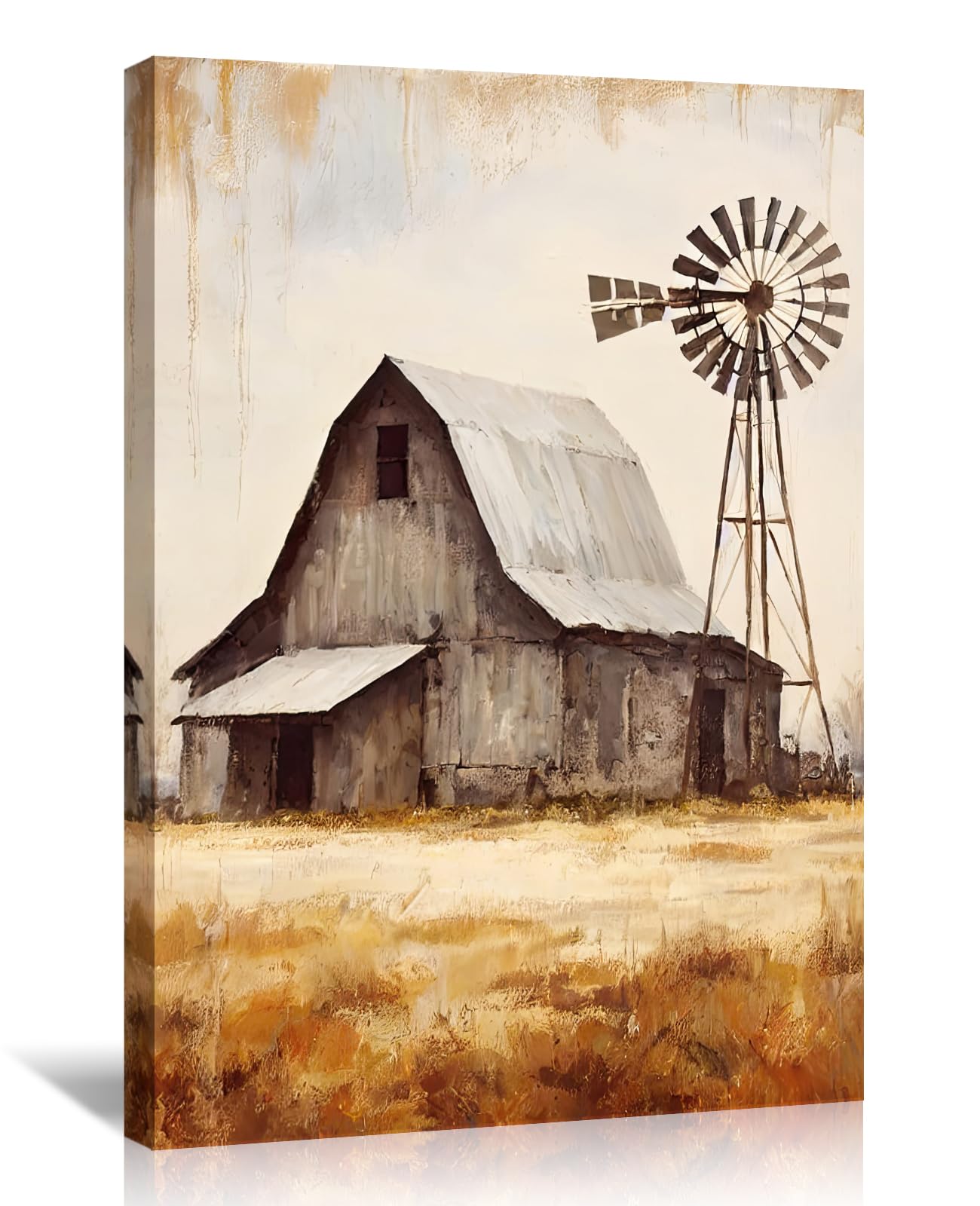 LYUNSHUO Rustic Farmhouse Wall Art Old Barn Picture Canvas Print Windmill Painting Country Scenery Poster Vintage Artwork for Home Living Room
