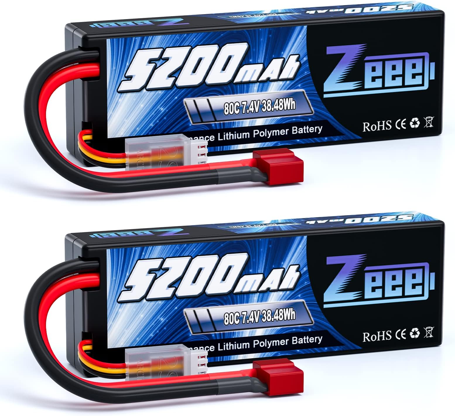 Zeee 2S Lipo Battery 7.4V 5200mAh 80C Hardcase Battery with Deans T Plug for 1/8 and 1/10 RC Vehicles Car RC Buggy Truggy RC Airplane UAV Drone FPV (2 Pack)