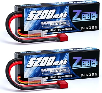 Zeee 2S 5200mAh Lipo Battery 7.4V 80C Hard Case Battery with T Plug Compatible for 1/8 1/10 RC Vehicles Car Slash RC Buggy Truggy RC Airplane Racing Models2 Pack