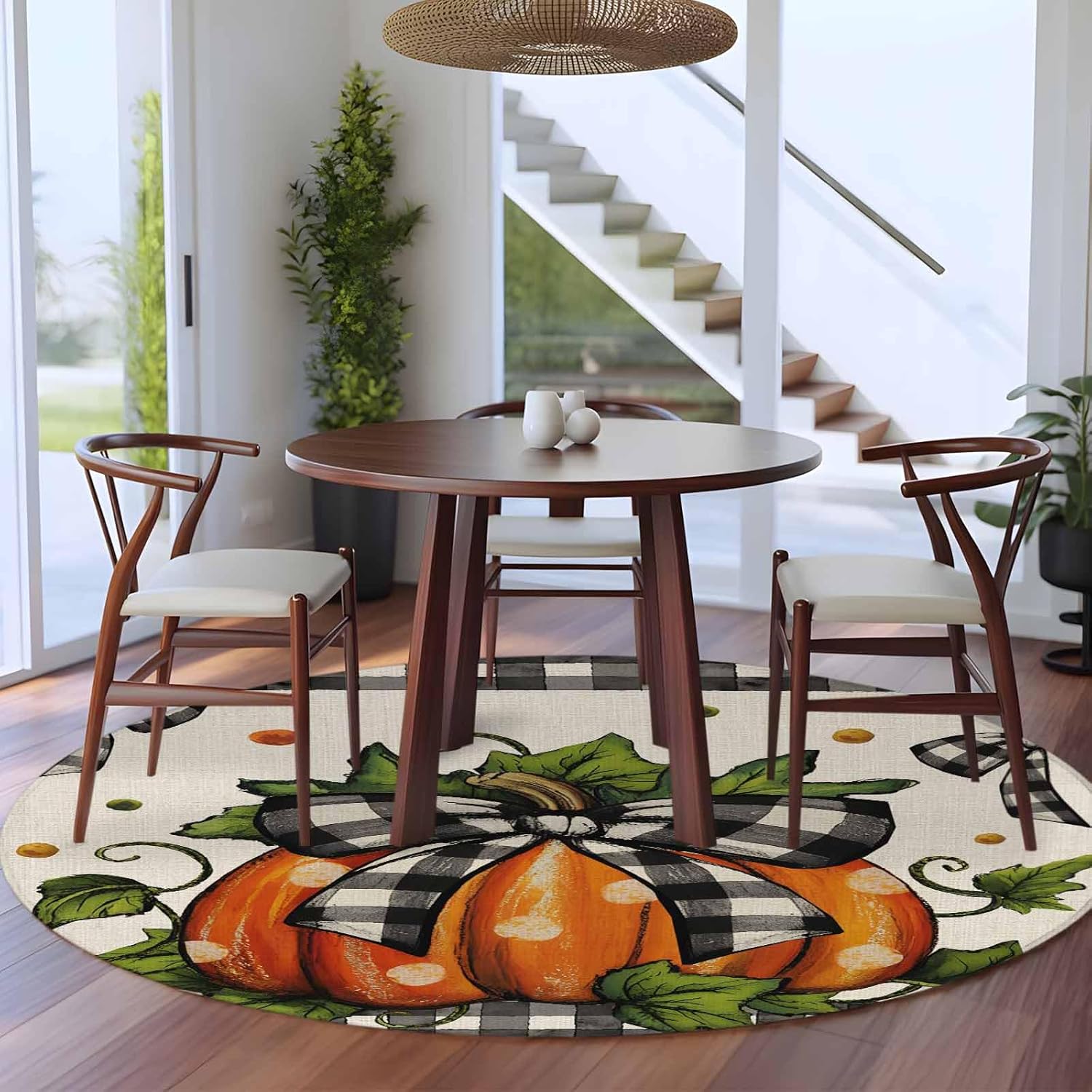 Fall Round Rug 5ft Washable Circle Kitchen Rugs Non Slip Orange Pumpkins Bow Thanksgiving Autumn Leaf Dot Plaid Large Area Rug Indoor Floor Carpet for Bedroom Living Room Home Office Dining Room