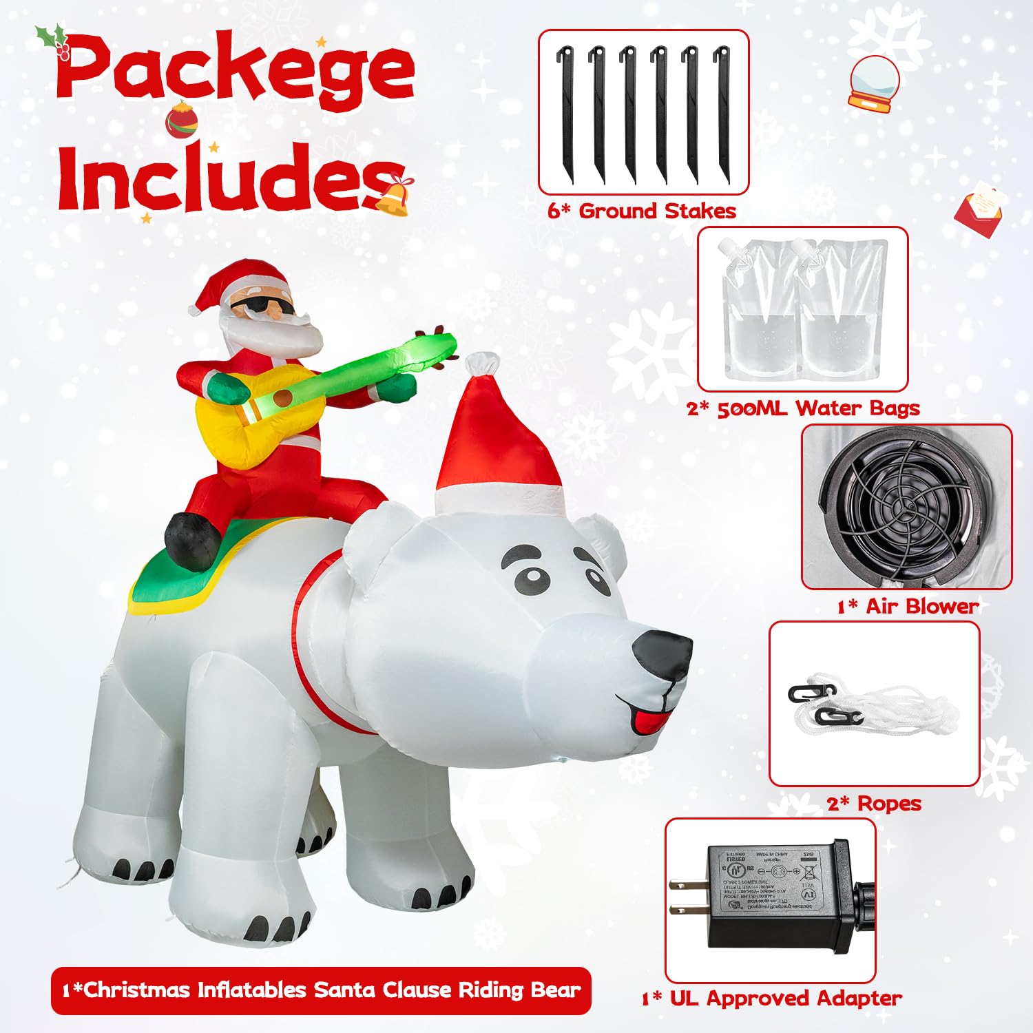 Oso inflable de Navidad de 7 pies con cabeza temblorosa y música, decoración de patio inflable con luces LED para Navidad, fiesta, interior, jardín, césped