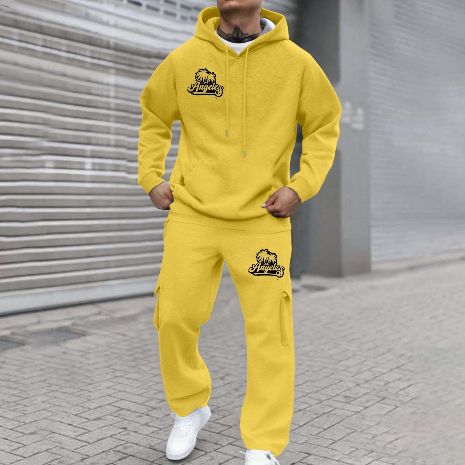 Generisch Męski dres do joggingu, bluza z kapturem, spodnie do biegania, jednokolorowy, dres treningowy, strój rekreacyjny, przewiewna bawełna, ciepła bawełna Y2K, kieszenie, kaptur, zestaw dresowy