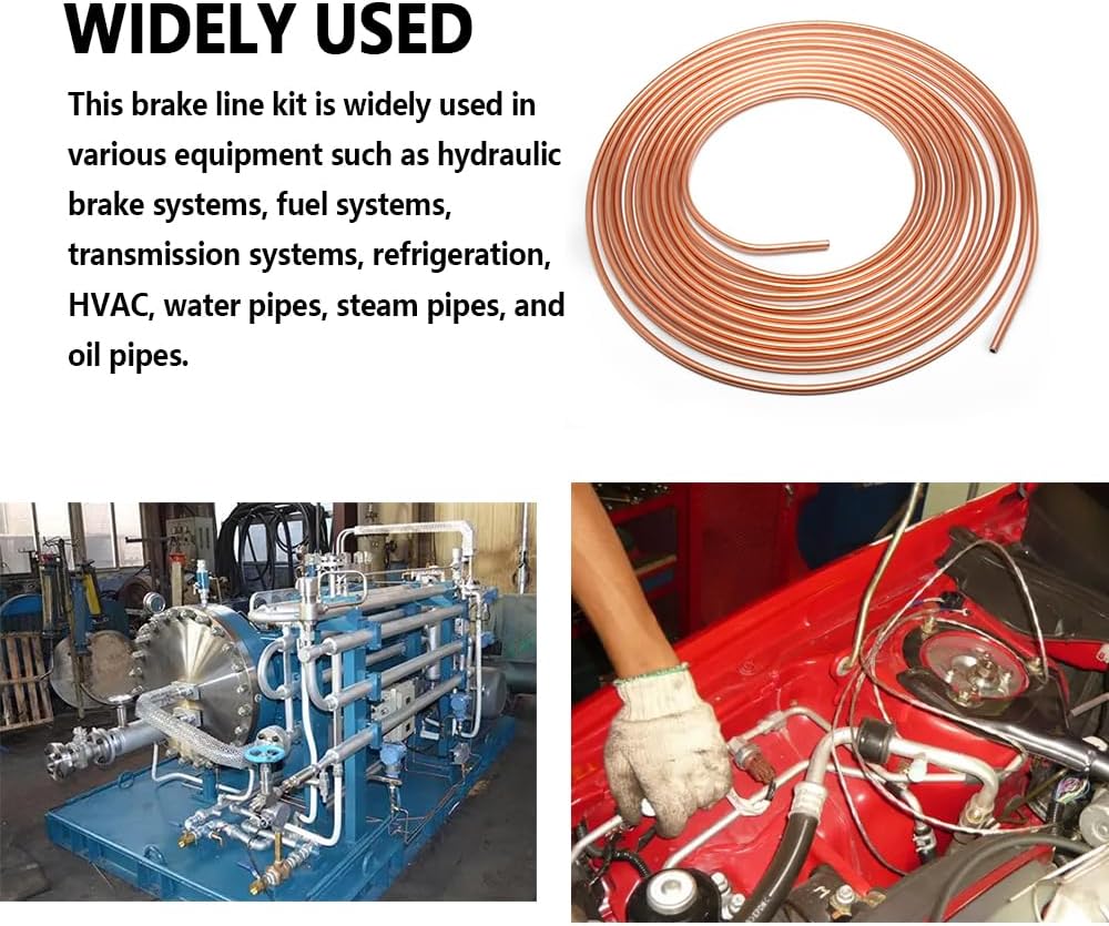 25Ft 3/16 Brake Line Kit with 16 Brake Lines Fittings,Flexible Brakes Lines Repair Kit,Copper Brakes Line Tubing and Inverted Flare Fittings Set for Fuel,Transmission of Cars (Gold)
